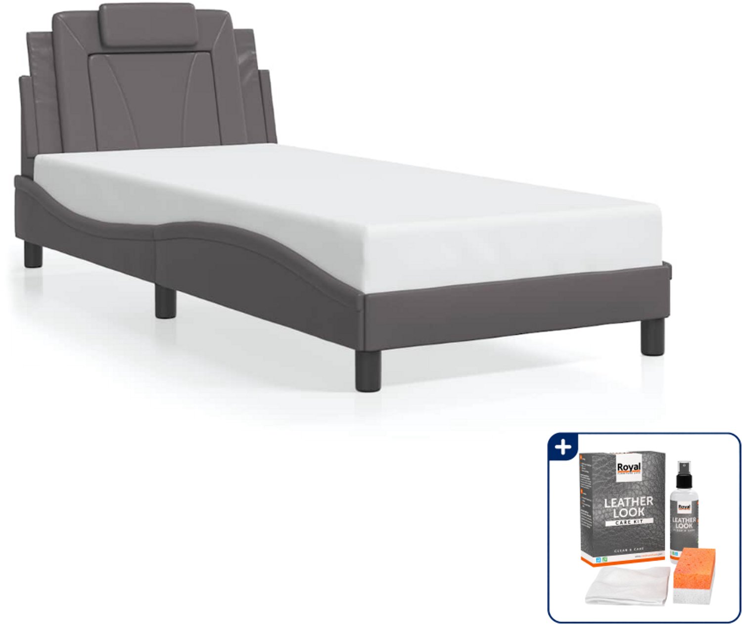 vidaXL Viana bedframe - 90 x 200 cm - kunstleer - grijs - Inclusief onderhoudsset voor kunstleer 150 ml Bruin
