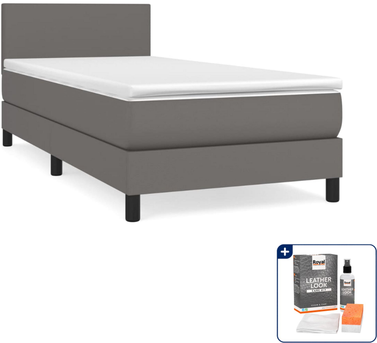 vidaXL boxspring met matras - 100 x 200 cm - kunstleer - grijs - Inclusief onderhoudsset voor kunstleer 150 ml