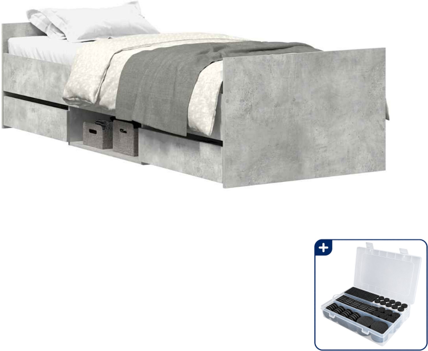 vidaXL Bedframe - 90 x 200 cm - bewerkt hout - betongrijs - Inclusief antikrasvilt 177-delig Bruin