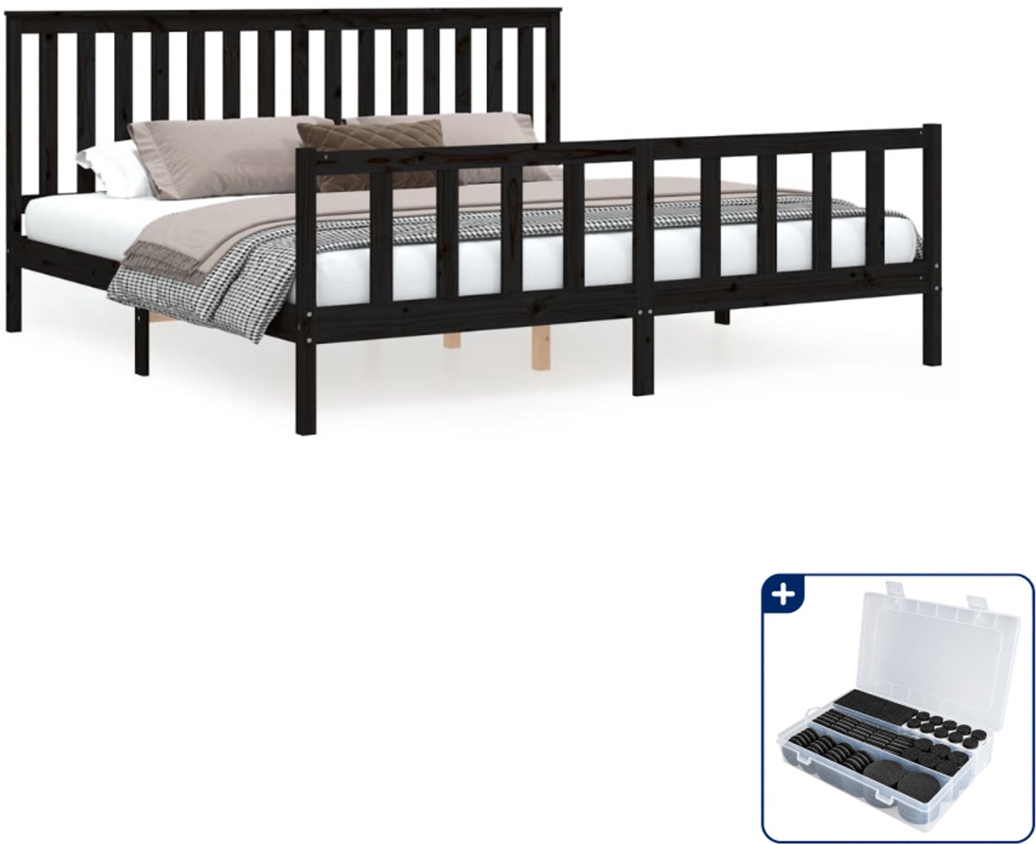 vidaXL bedframe met hoofdbord - 200 x 200 cm - massief grenenhout - zwart - Inclusief antikrasvilt 177-delig
