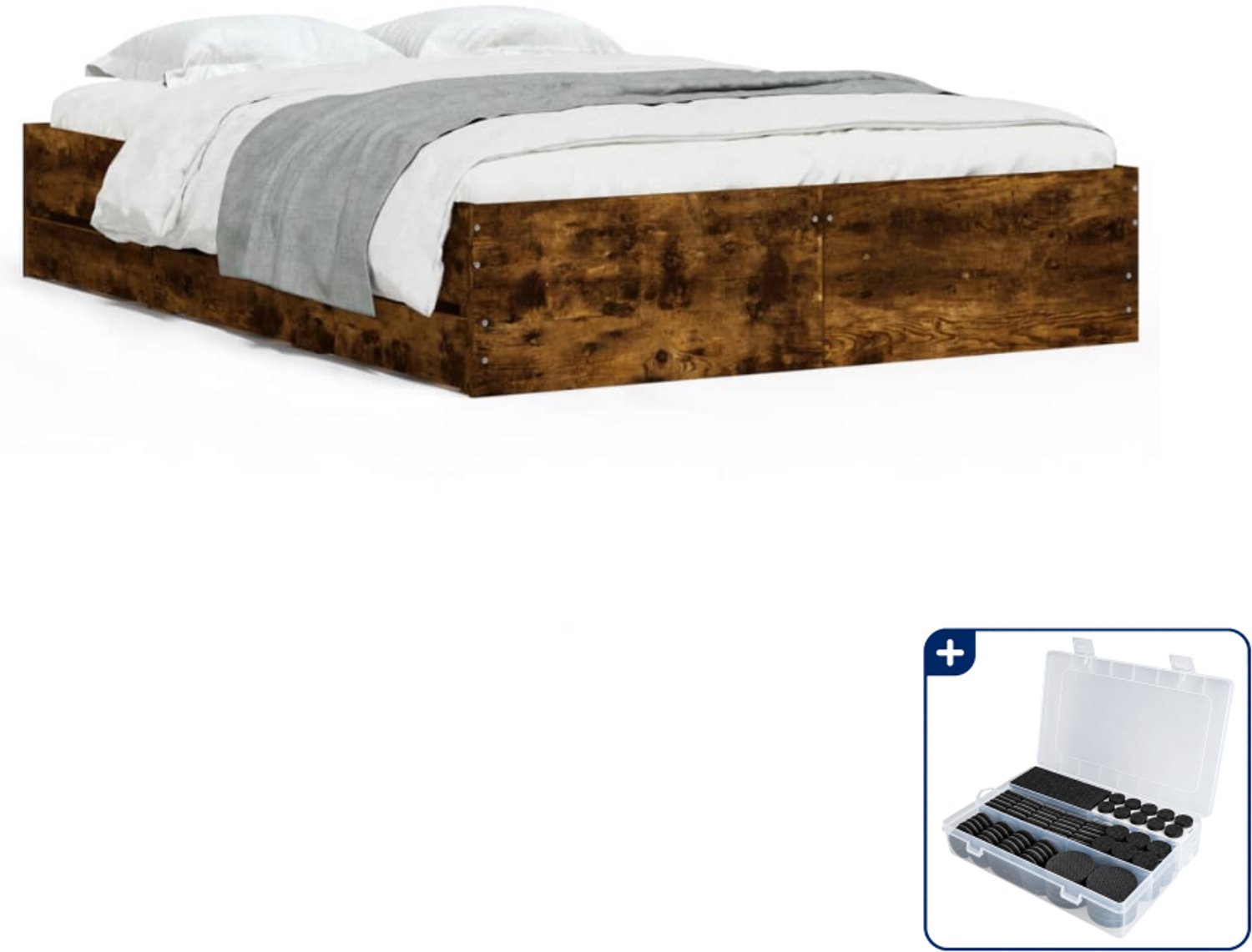 vidaXL bedframe met lades - 120 x 200 cm - bewerkt hout - gerookt eiken - Inclusief antikrasvilt 177-delig