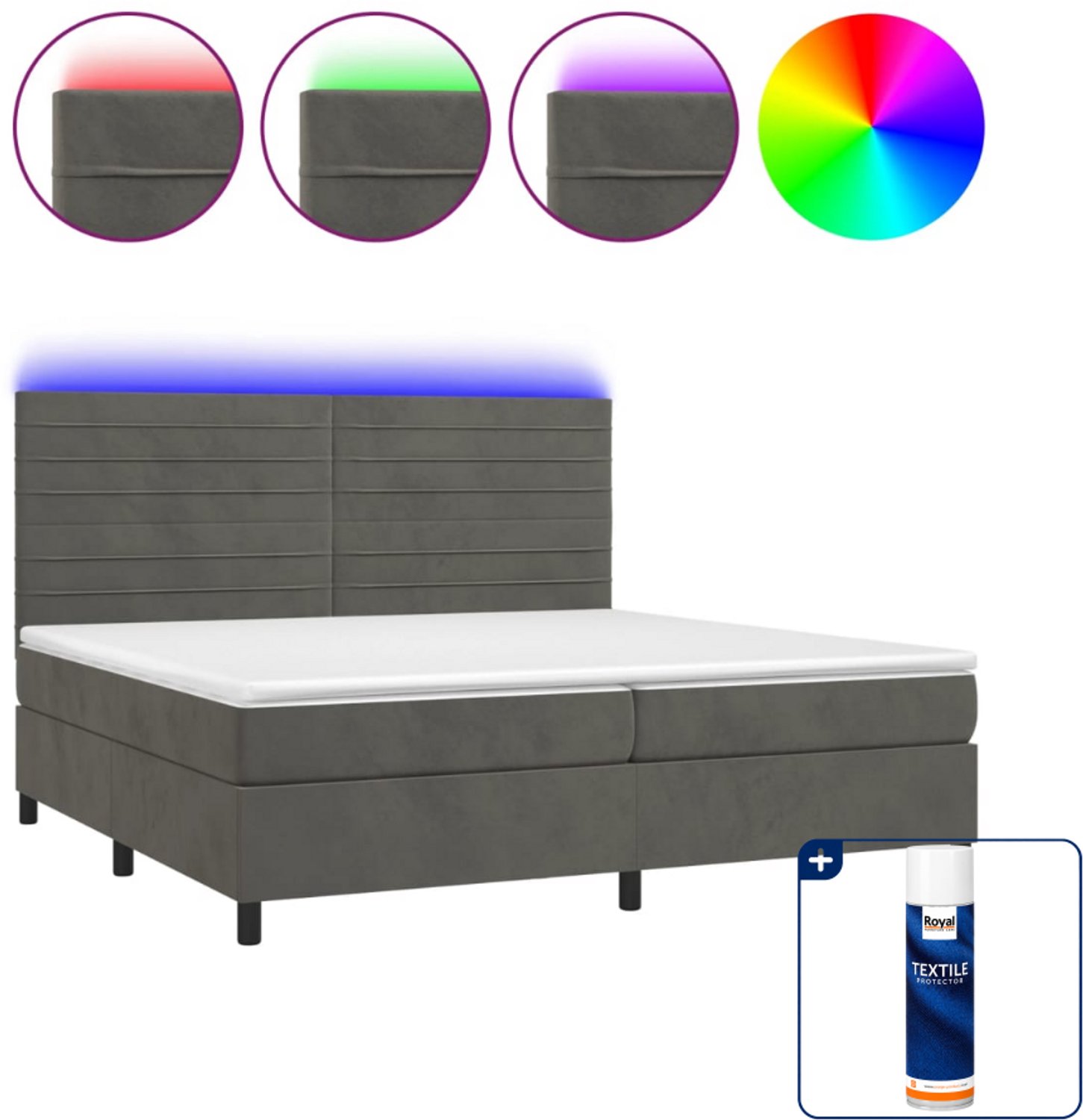 vidaXL boxspring met matras en LED - Super kingsize - donkergrijs - Inclusief textielbeschermer 500 ml
