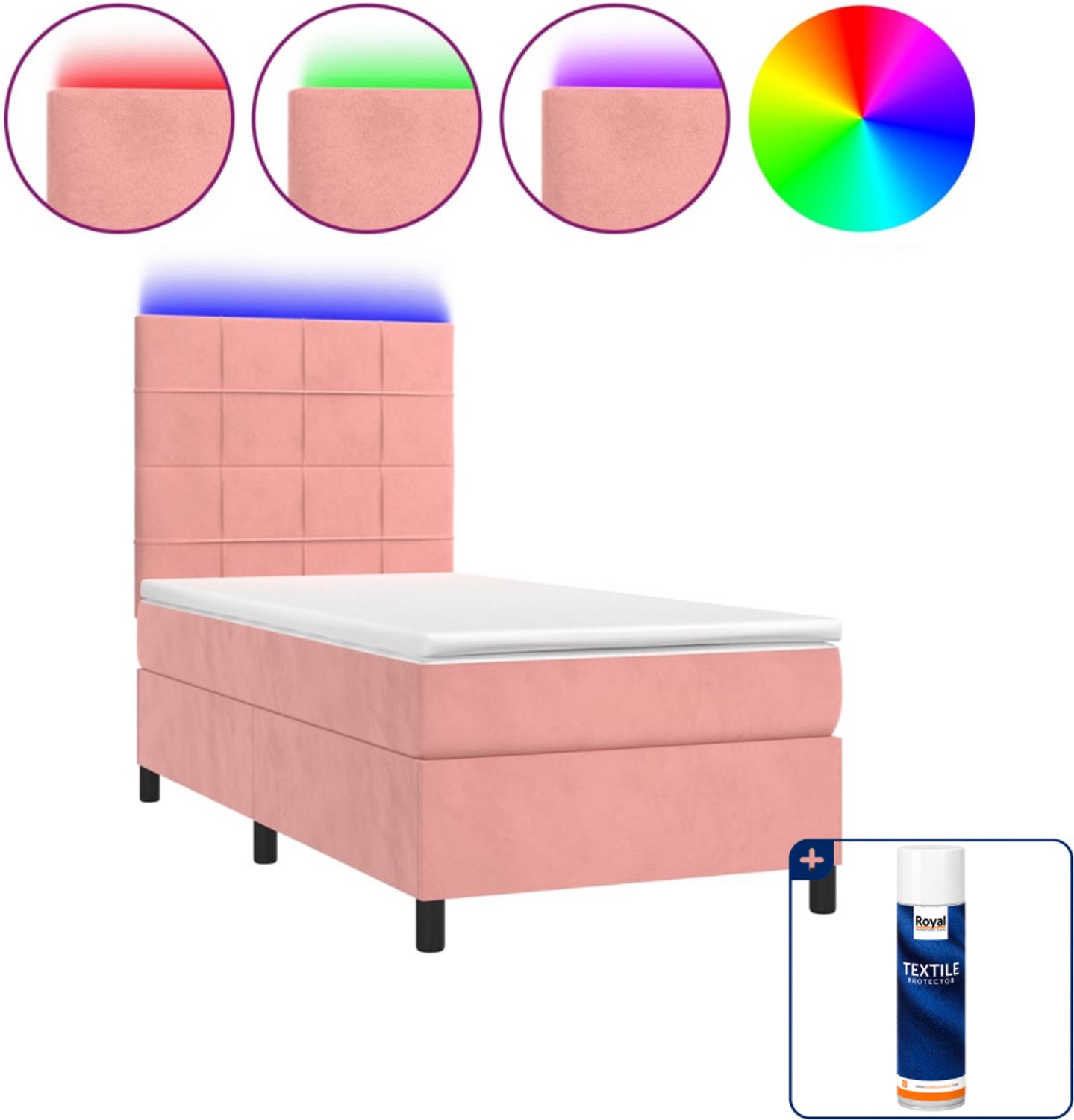vidaXL boxspring met matras en led - 80 x 200 cm - fluweel - roze - Inclusief textielbeschermer 500 ml