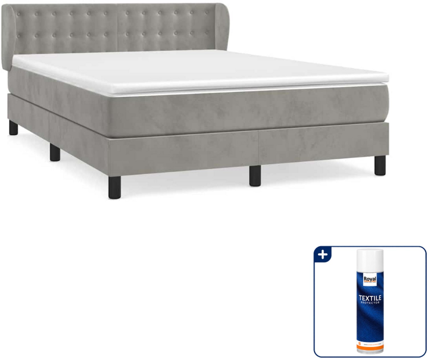 vidaXL boxspring met matras - 140 x 190 cm - fluweel - lichtgrijs - Inclusief textielbeschermer 500 ml