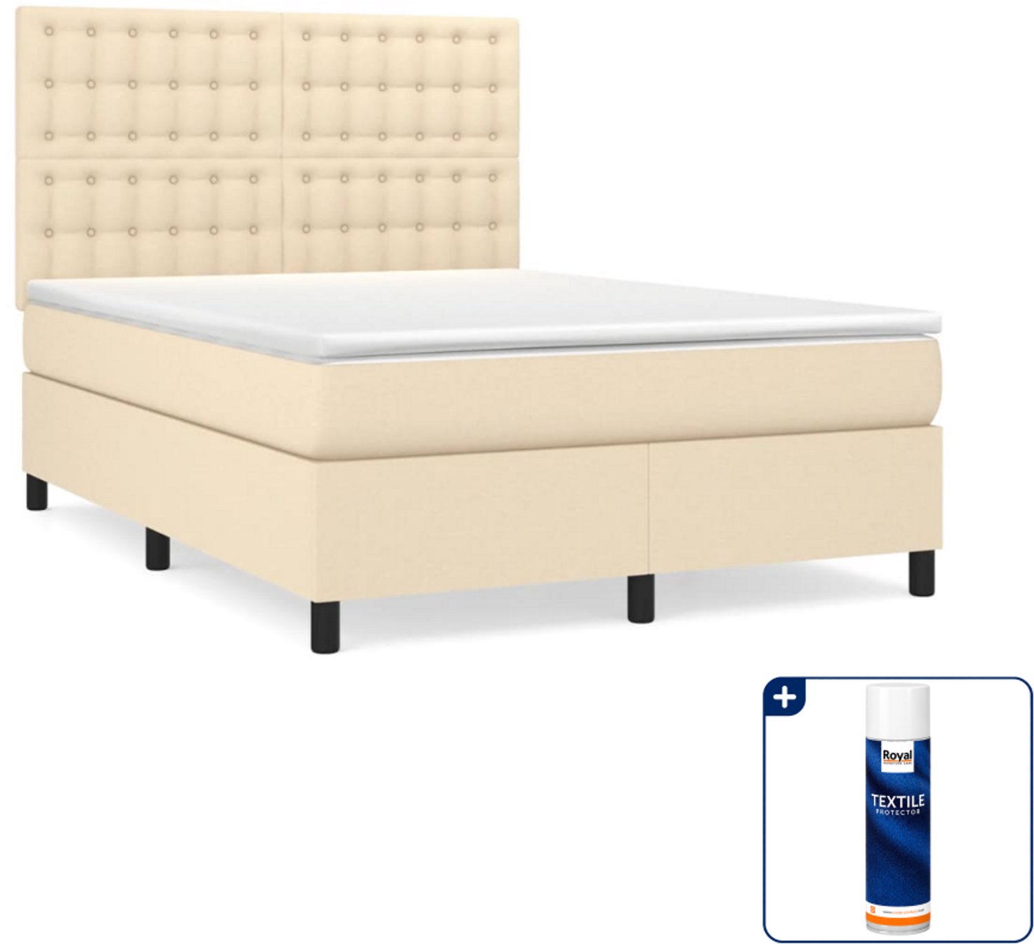 vidaXL boxspring met matras - 140 x 190 cm - crèmekleurig - Inclusief textielbeschermer 500 ml