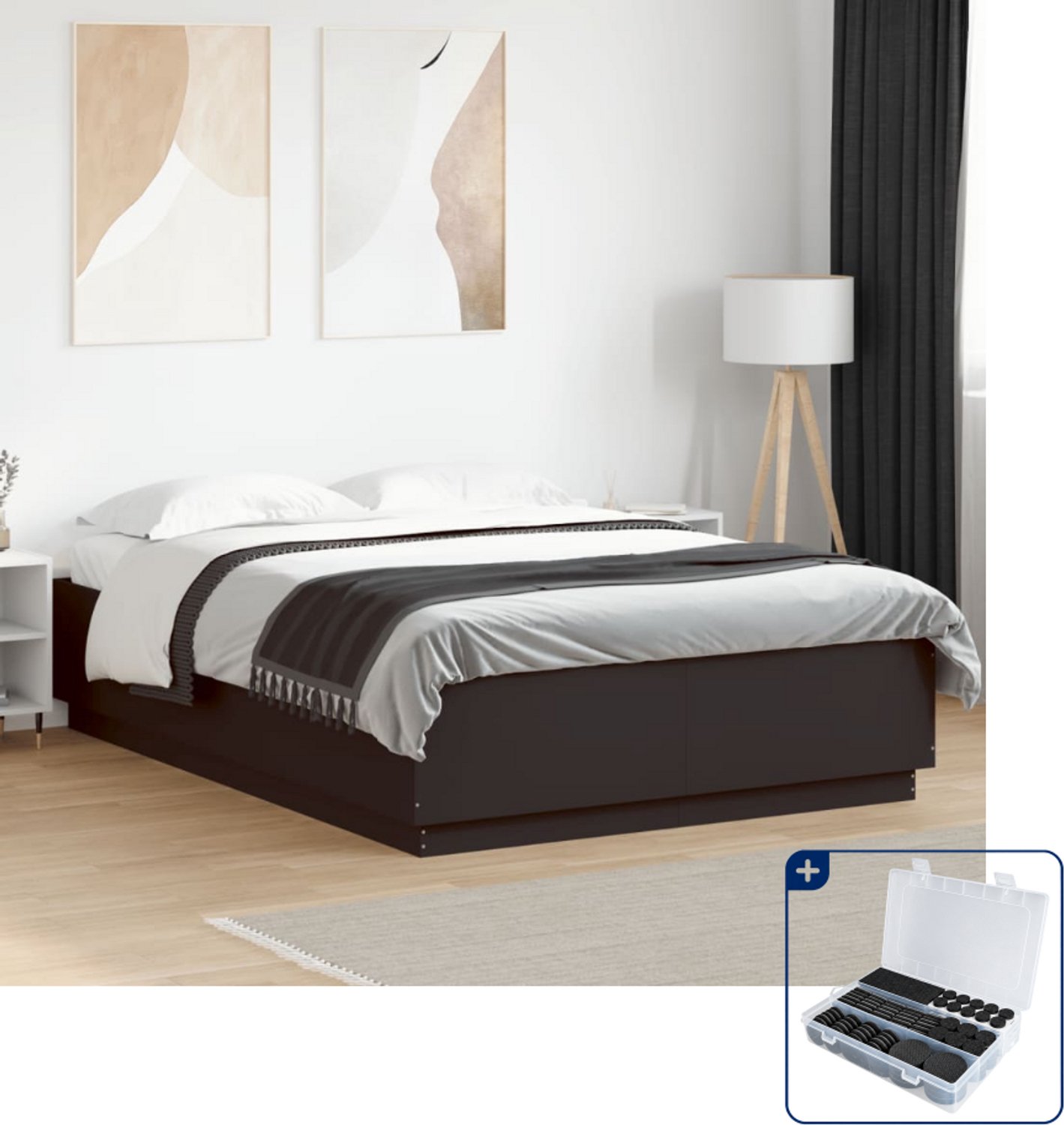 vidaXL bedframe met LED - 150 x 200 cm - zwart - Inclusief antikrasvilt 177-delig Grijs