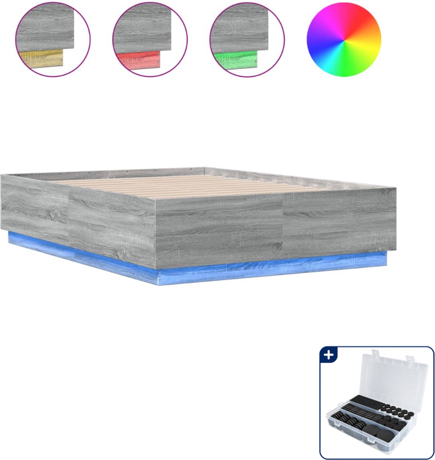 vidaXL bedframe met LED - 135 x 190 cm - grijs sonoma eiken - Inclusief antikrasvilt 177-delig Blauw