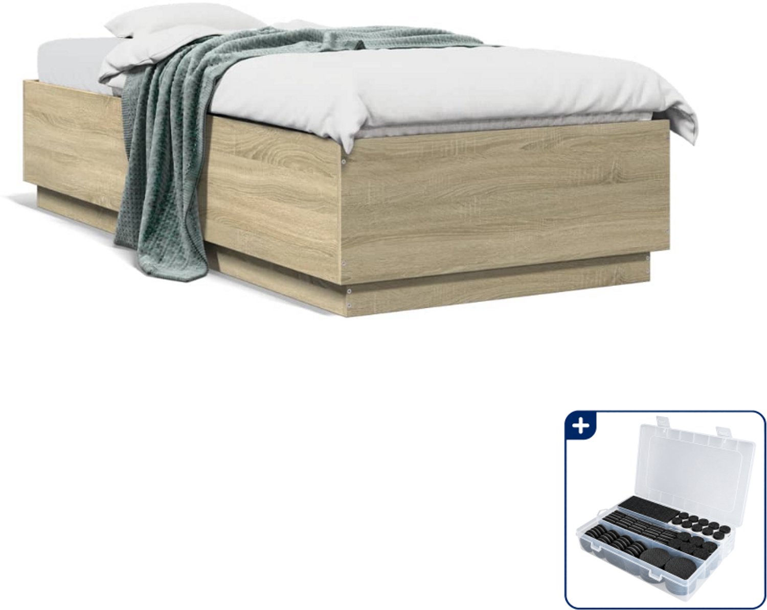 vidaXL bedframe - 90 x 200 cm - bewerkt hout - sonoma eiken - Inclusief antikrasvilt 177-delig Grijs