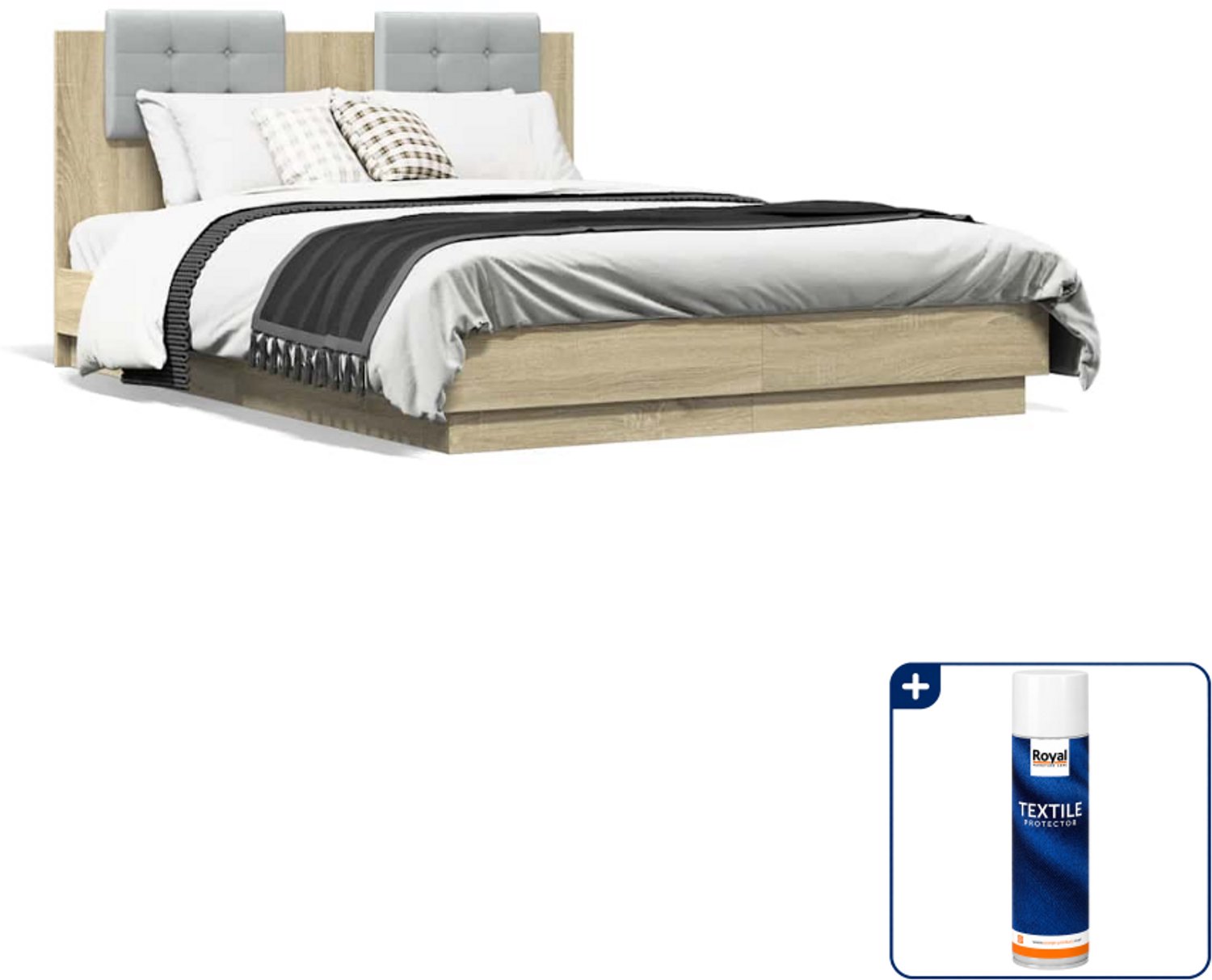 vidaXL bedframe met hoofdeinde - 140 x 190 cm - bewerkt hout - sonoma eiken - Inclusief textielbeschermer 500 ml Grijs