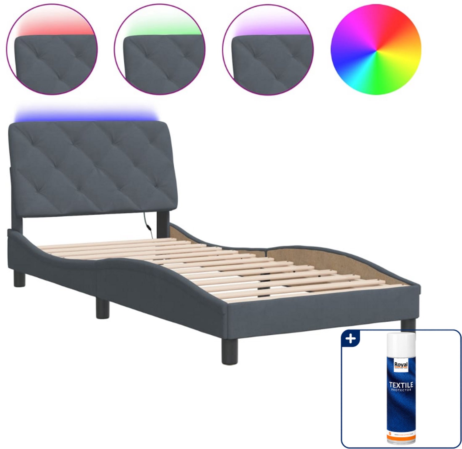 vidaXL bedframe met LED - 90 x 200 cm - fluweel - donkergrijs - Inclusief textielbeschermer 500 ml