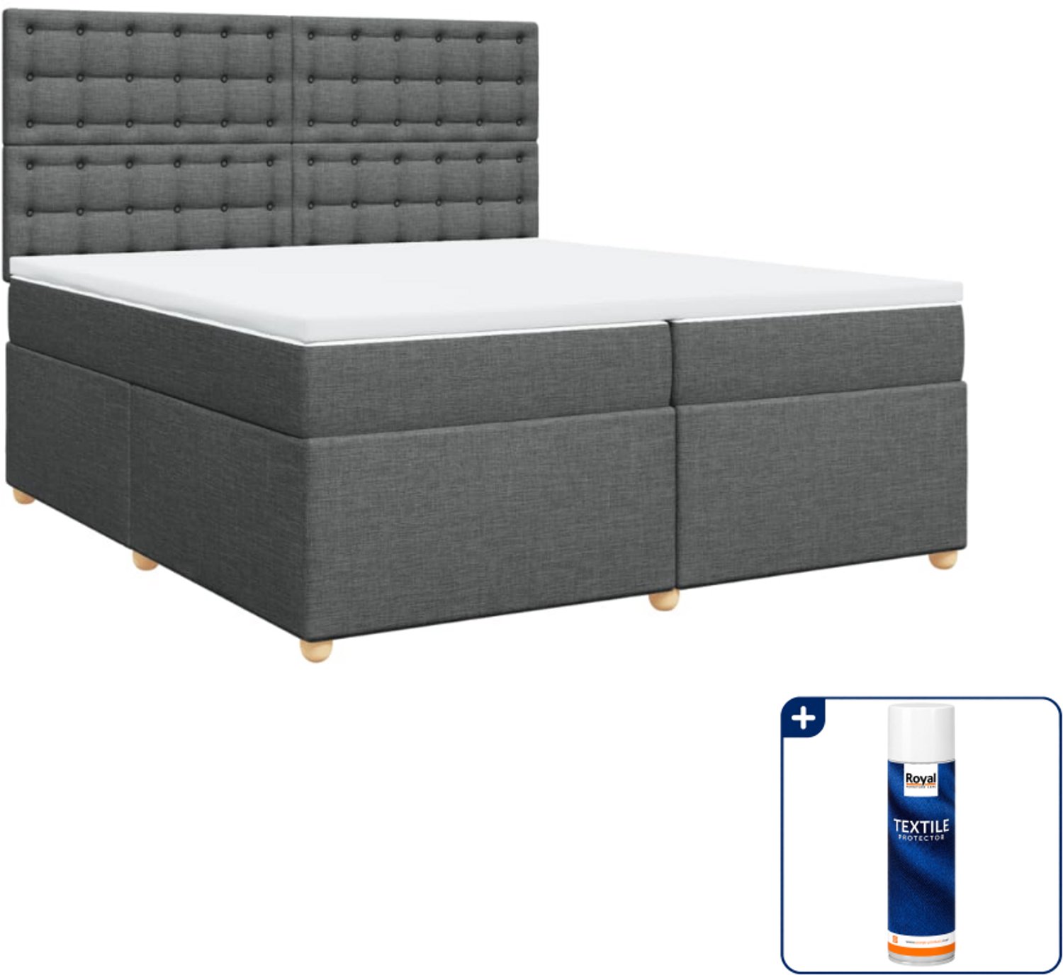 vidaXL Boxspring - Super kingsize - 200 x 200 cm - stof - donkergrijs - Inclusief textielbeschermer 500 ml