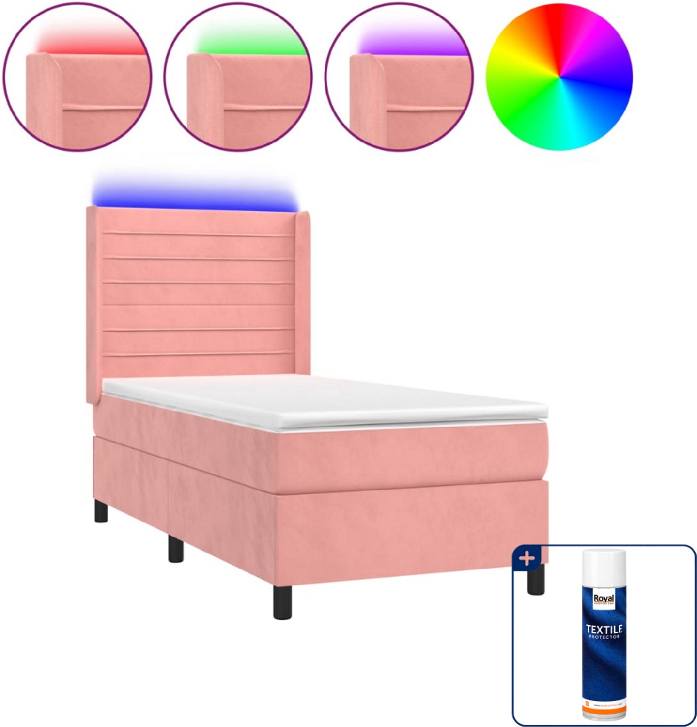 vidaXL boxspring met matras en LED - 90 x 200 cm - fluweel - roze - Inclusief textielbeschermer 500 ml