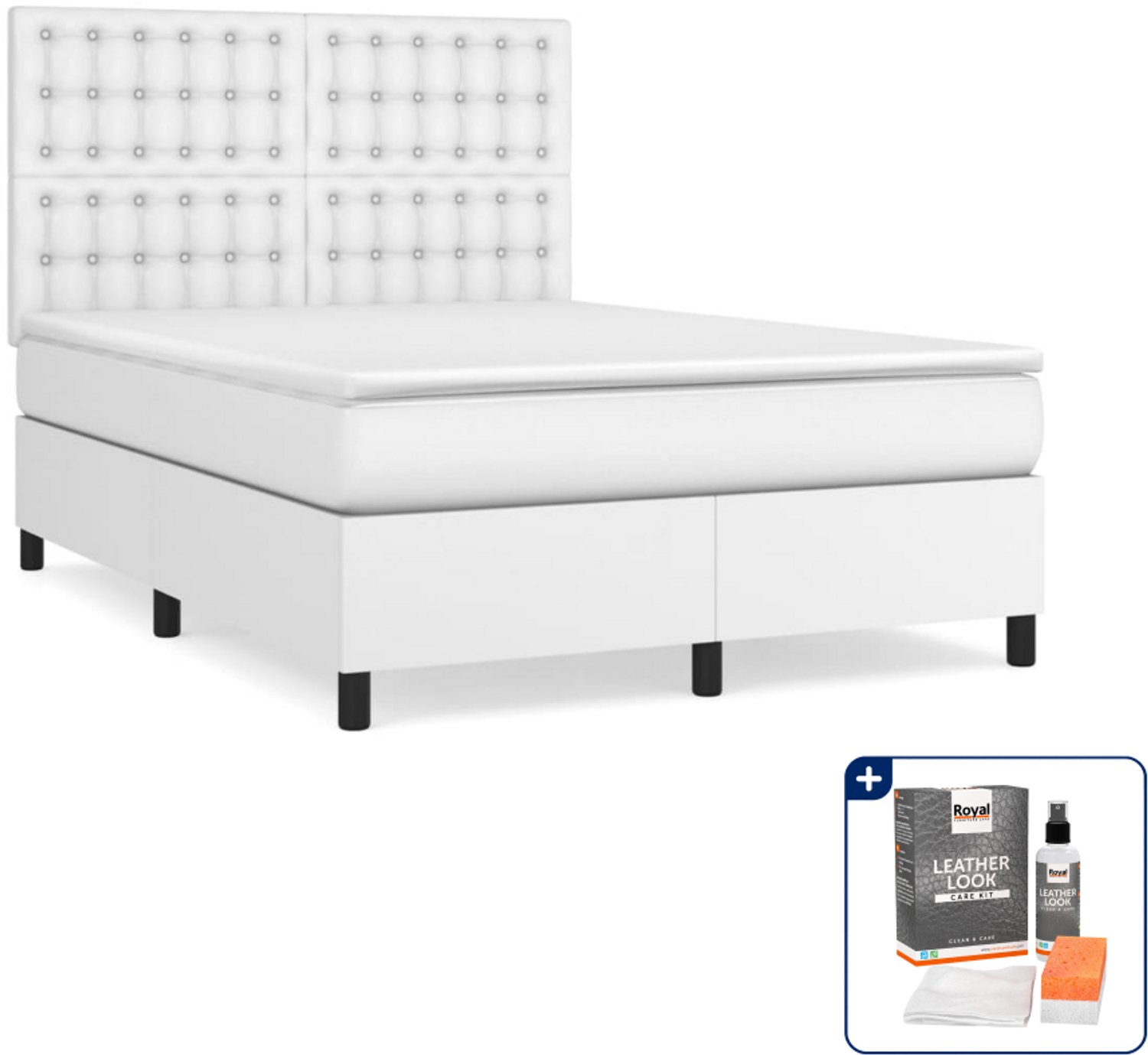 vidaXL boxspring met matras 140 x 190 cm - kunstleer - wit - Inclusief onderhoudsset voor kunstleer 150 ml