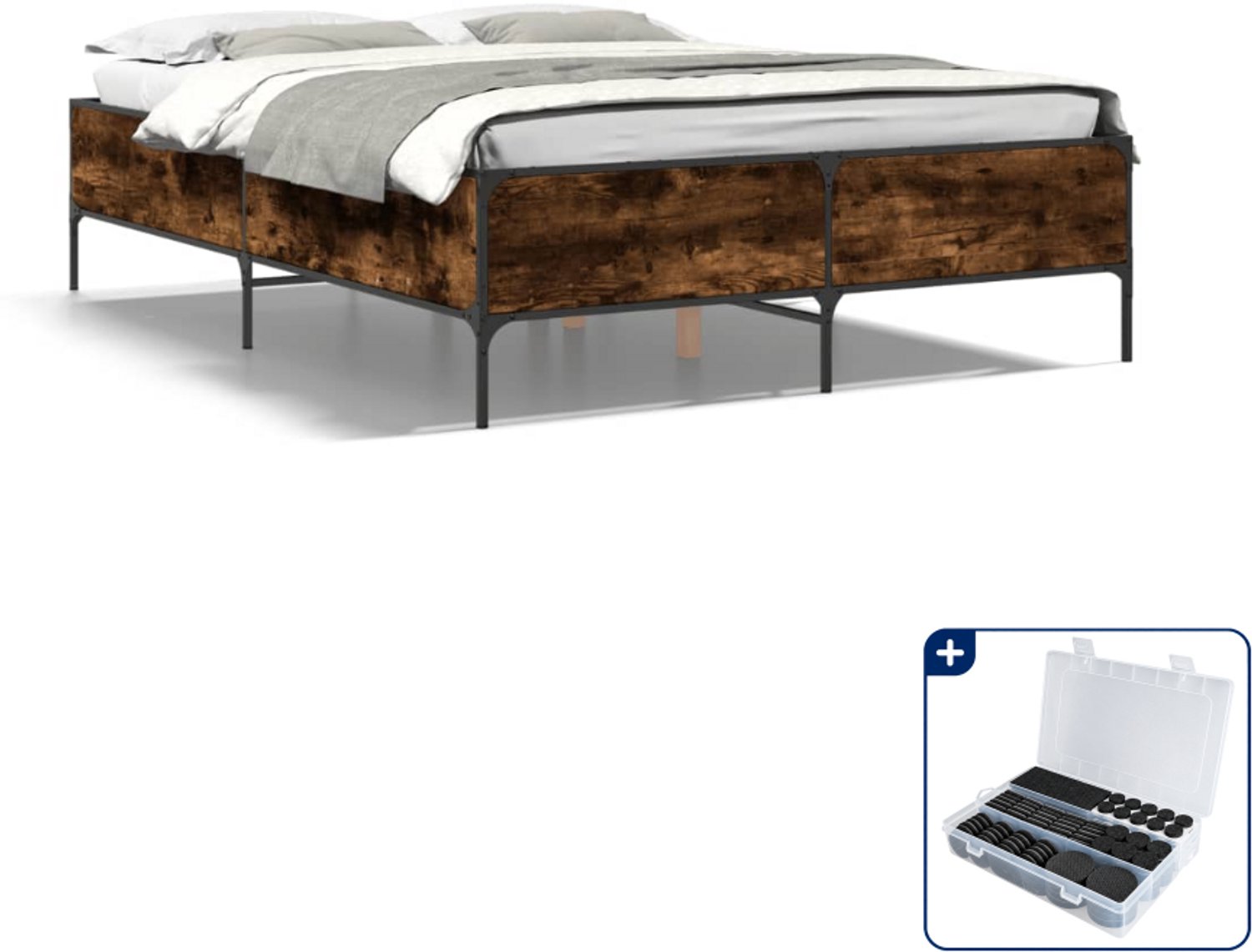 vidaXL Queensize bedframe 160 x 200 cm - bewerkt hout en staal - Inclusief antikrasvilt 177-delig Zwart