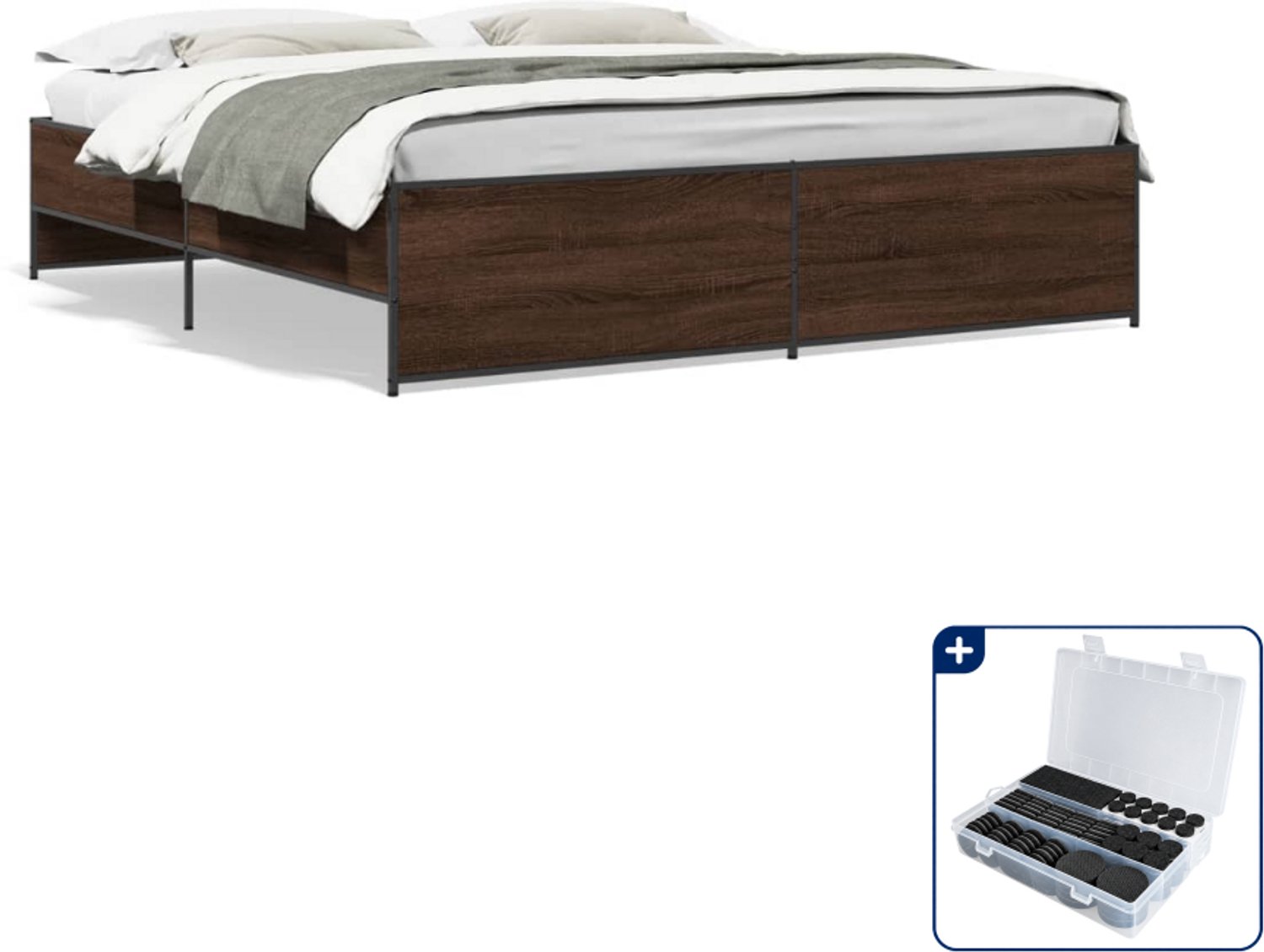 vidaXL Bedframe - 200 x 200 cm - bewerkt hout en staal - bruineiken - Inclusief antikrasvilt 177-delig