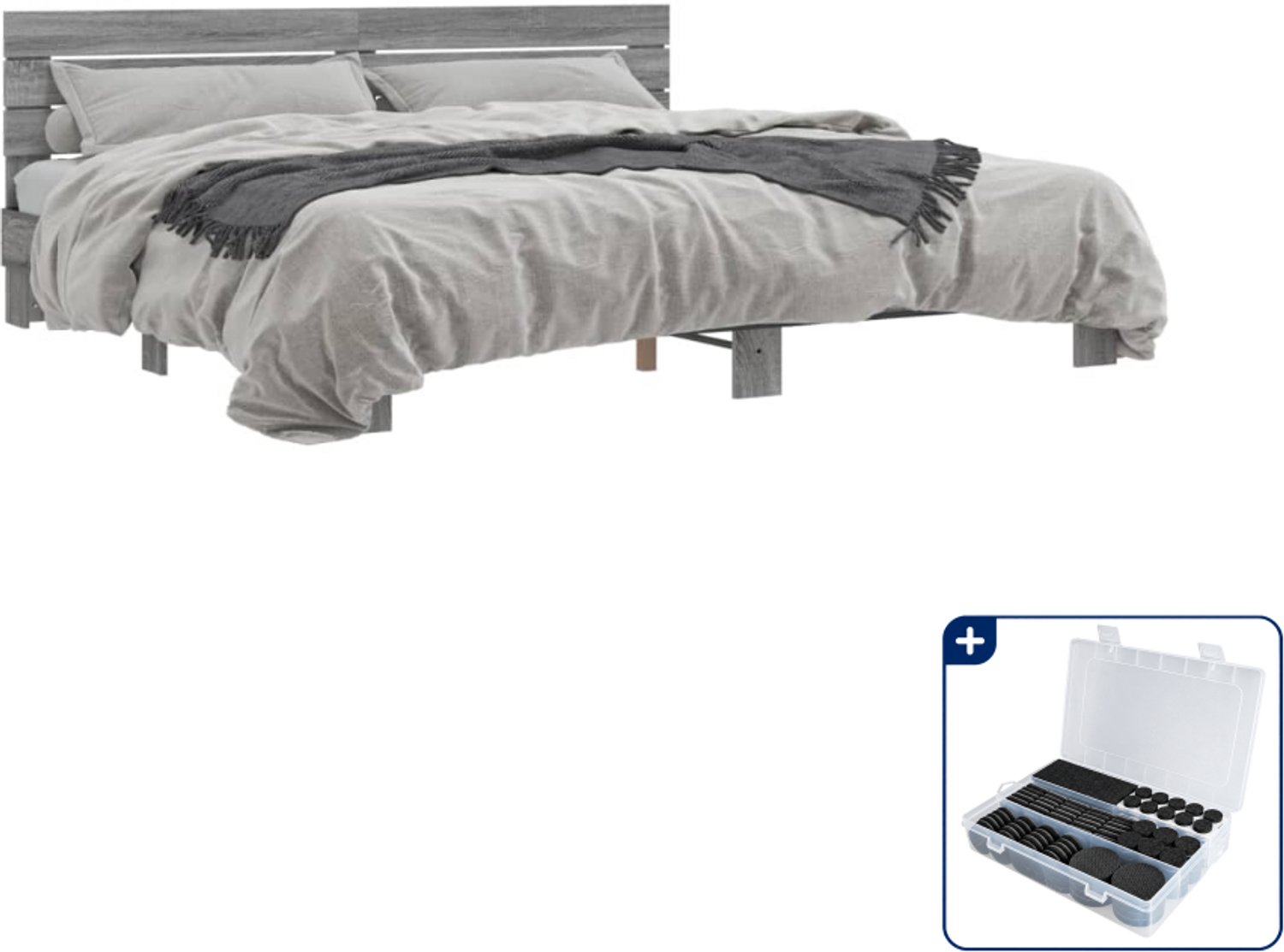 vidaXL bedframe - 200 x 200 cm - grijs sonoma eiken - Inclusief antikrasvilt 177-delig Bruin