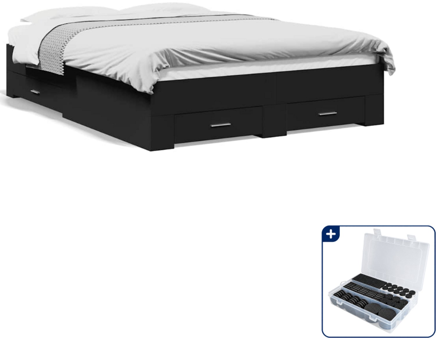vidaXL bedframe - 135 x 190 cm - bewerkt hout - zwart - Inclusief antikrasvilt 177-delig Grijs