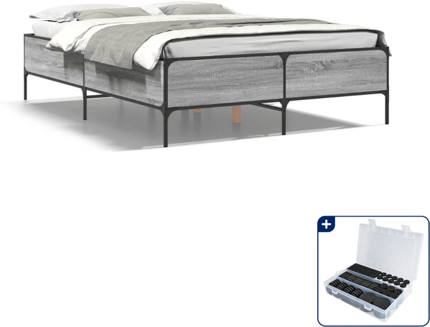vidaXL bedframe - 120 x 200 cm - bewerkt hout en staal - grijs sonoma - Inclusief antikrasvilt 177-delig