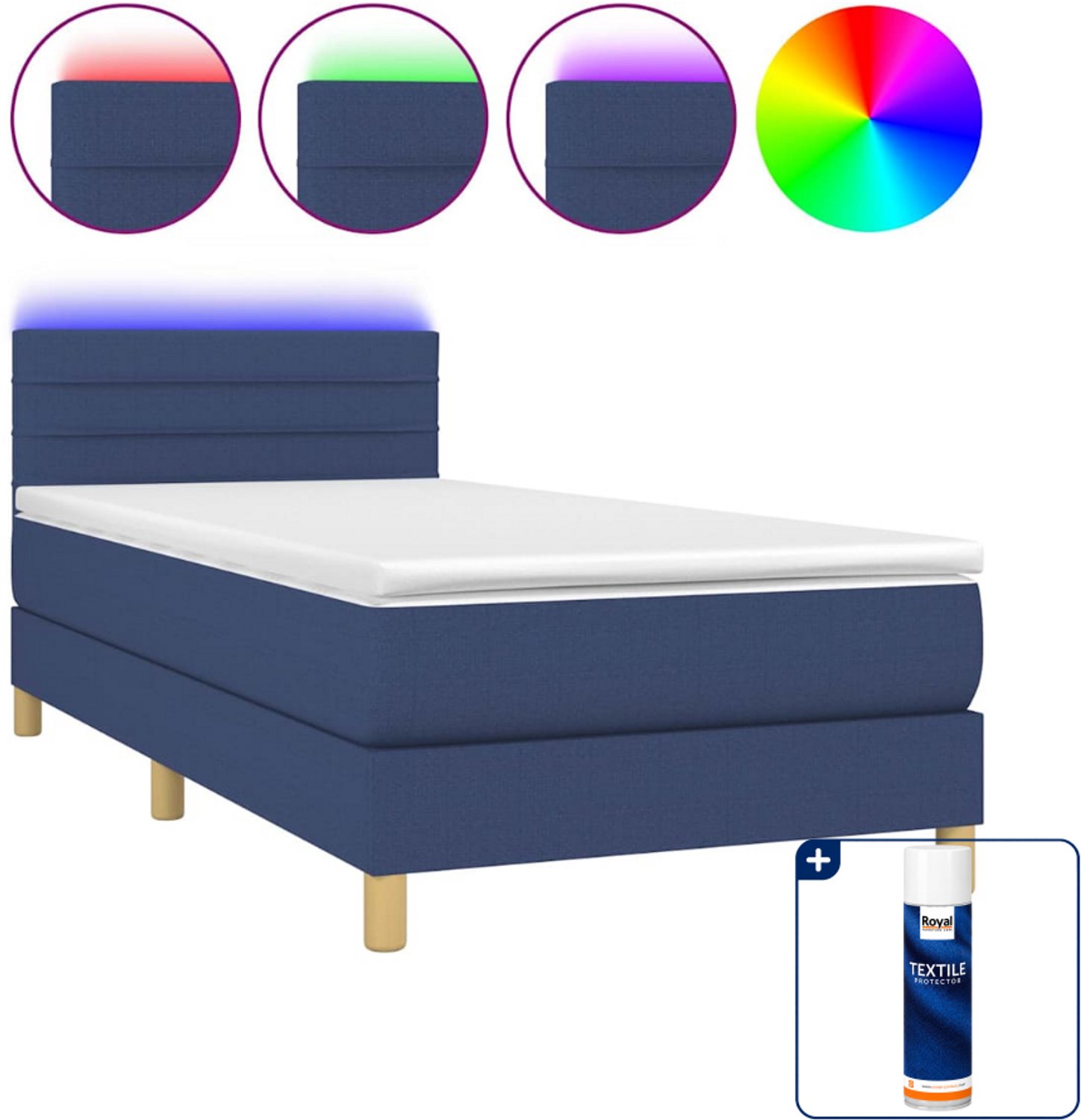 vidaXL boxspring met matras en LED - 90 x 200 cm - blauw - Inclusief textielbeschermer 500 ml