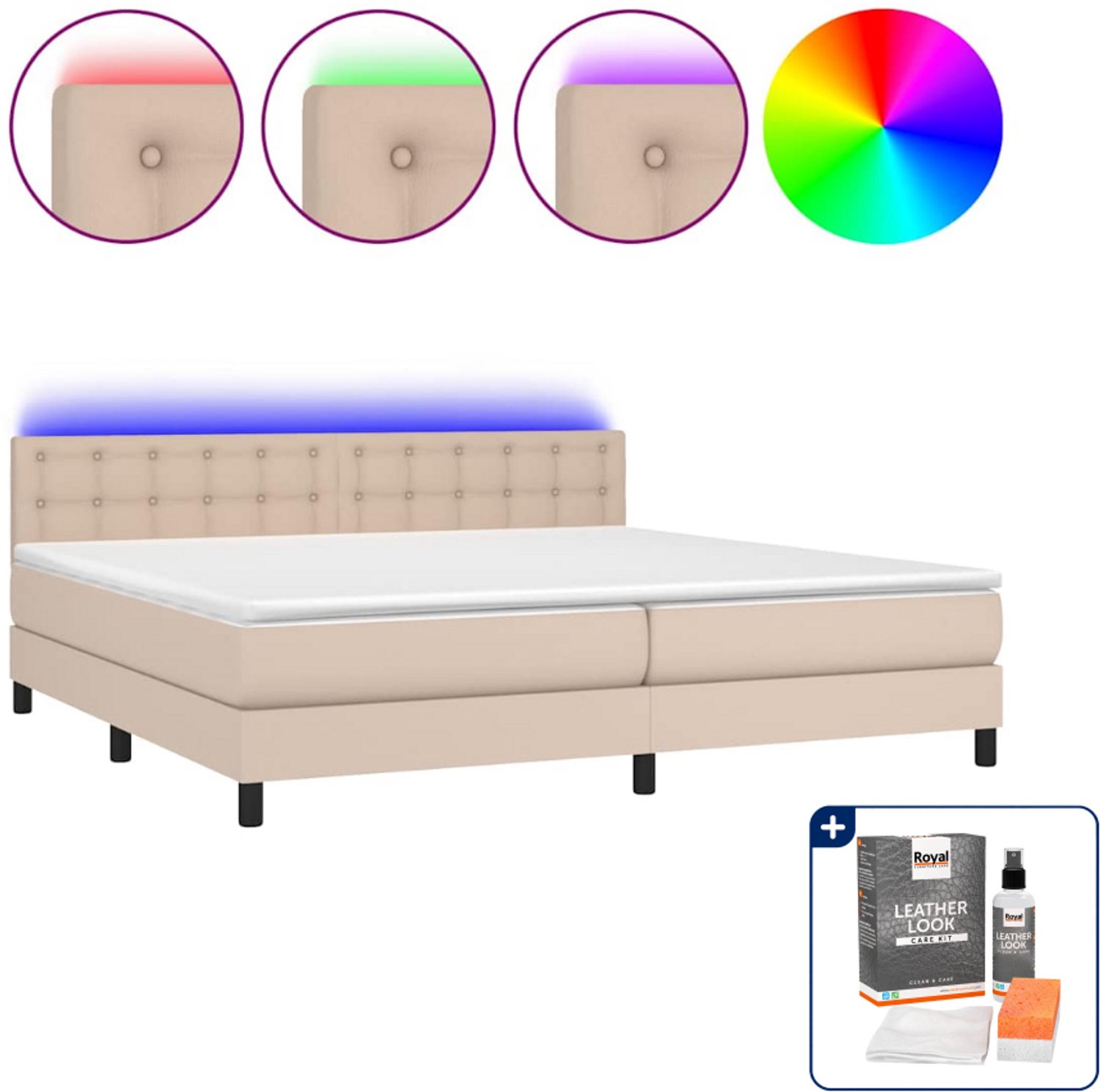 vidaXL boxspring met matras en led - super kingsize - cappuccino - Inclusief onderhoudsset voor kunstleer 150 ml Bruin