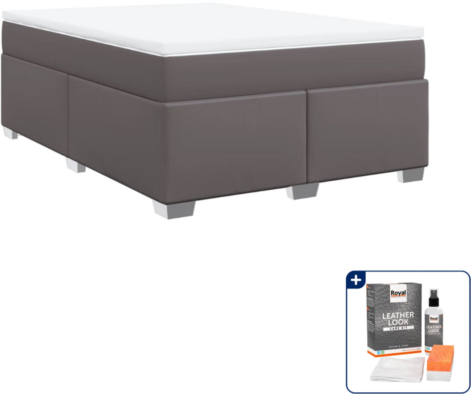 vidaXL boxspring met matras - Queensize - 160 x 200 cm - grijs - Inclusief onderhoudsset voor kunstleer 150 ml