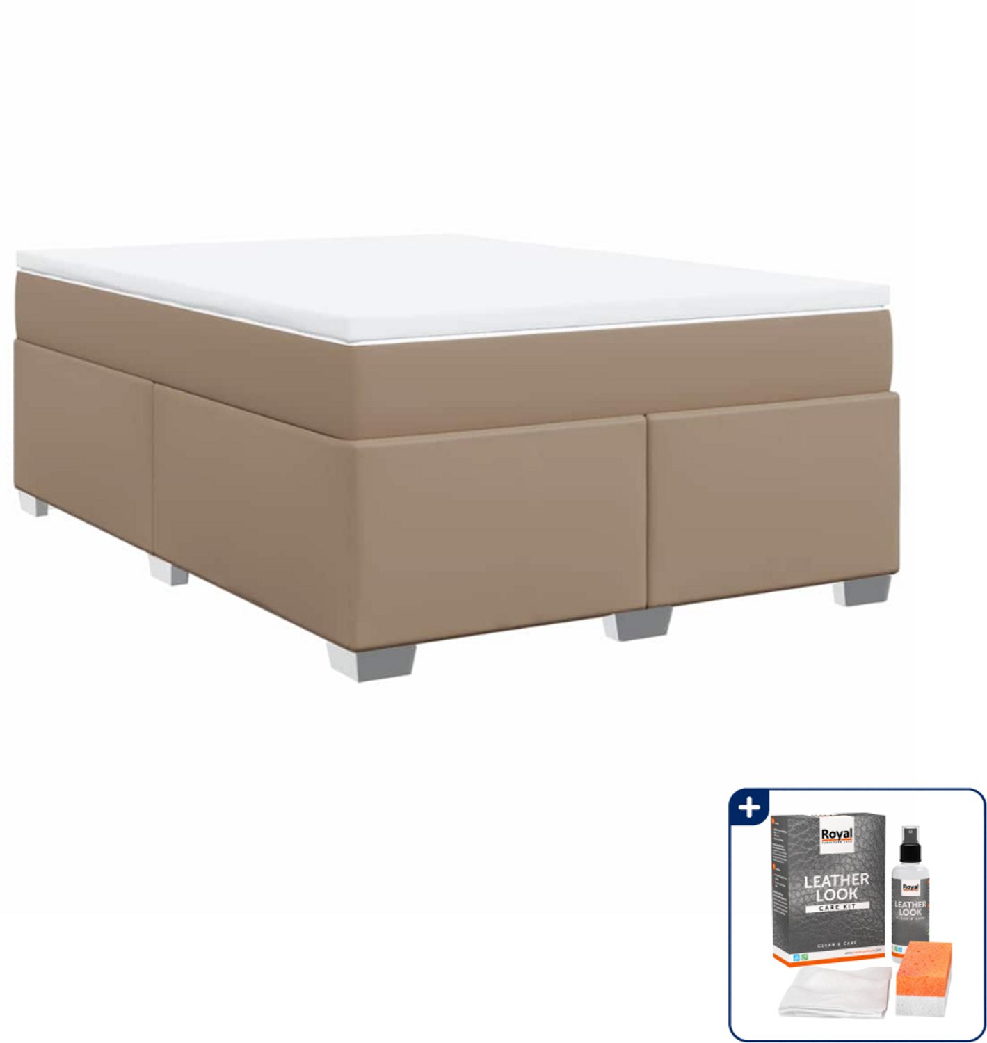 vidaXL boxspring met matras 140 x 190 cm - kunstleer - cappuccino - Inclusief onderhoudsset voor kunstleer 150 ml Bruin