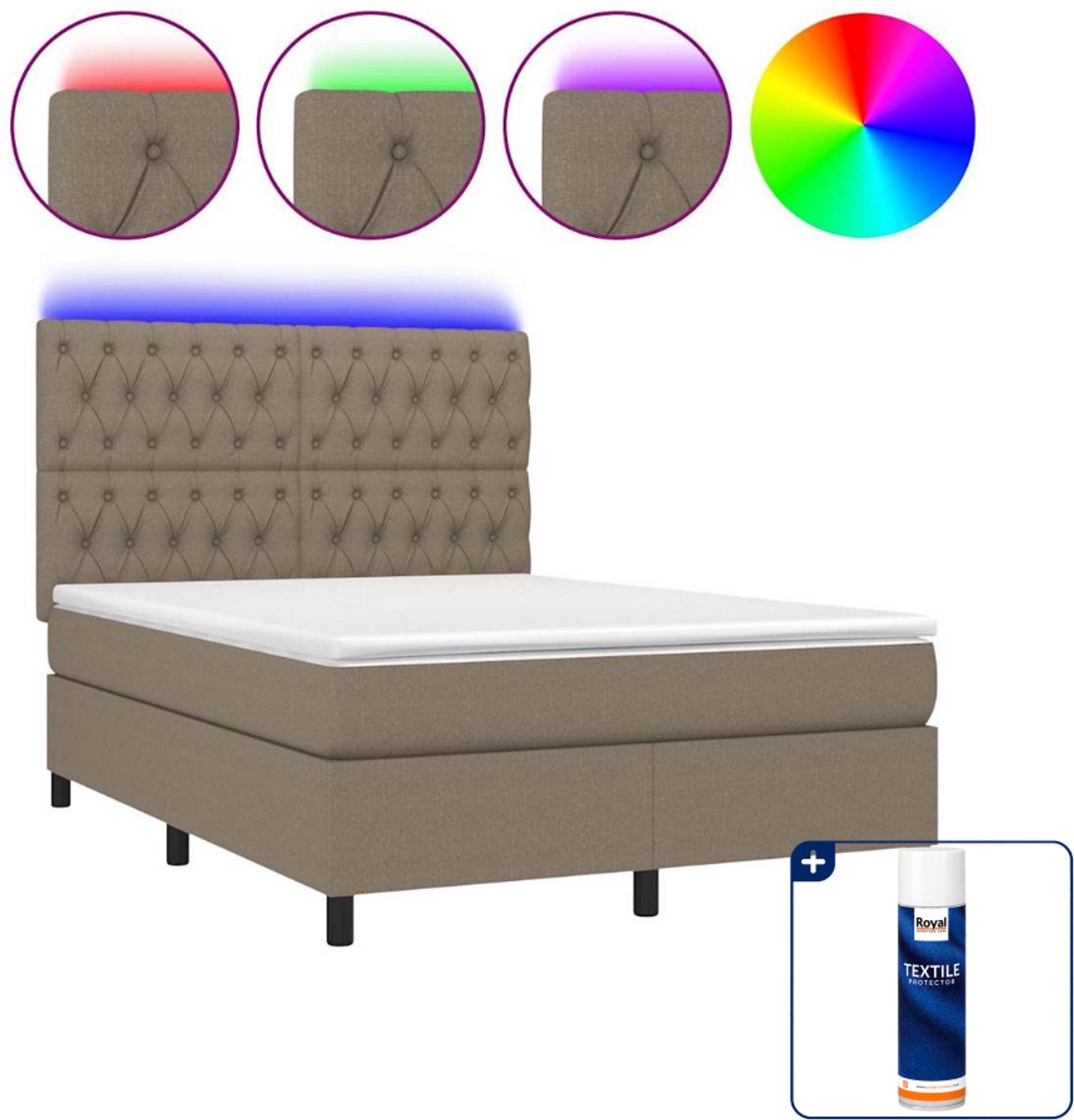 vidaXL boxspring met matras en led - 140 x 190 cm - taupe - Inclusief textielbeschermer 500 ml