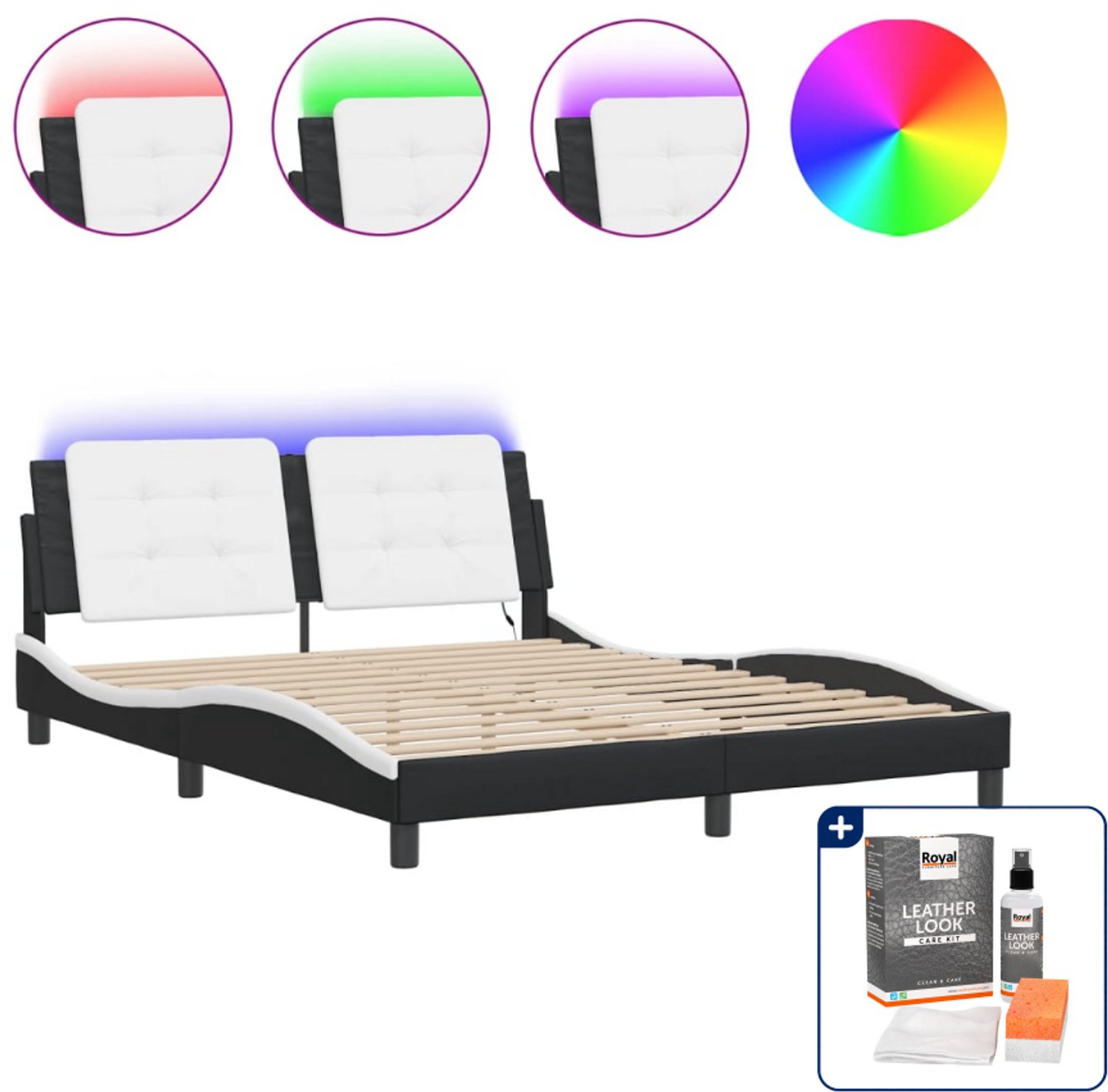 vidaXL Zadar bedframe - Queensize 160x200 cm - zwart en wit - Inclusief onderhoudsset voor kunstleer 150 ml