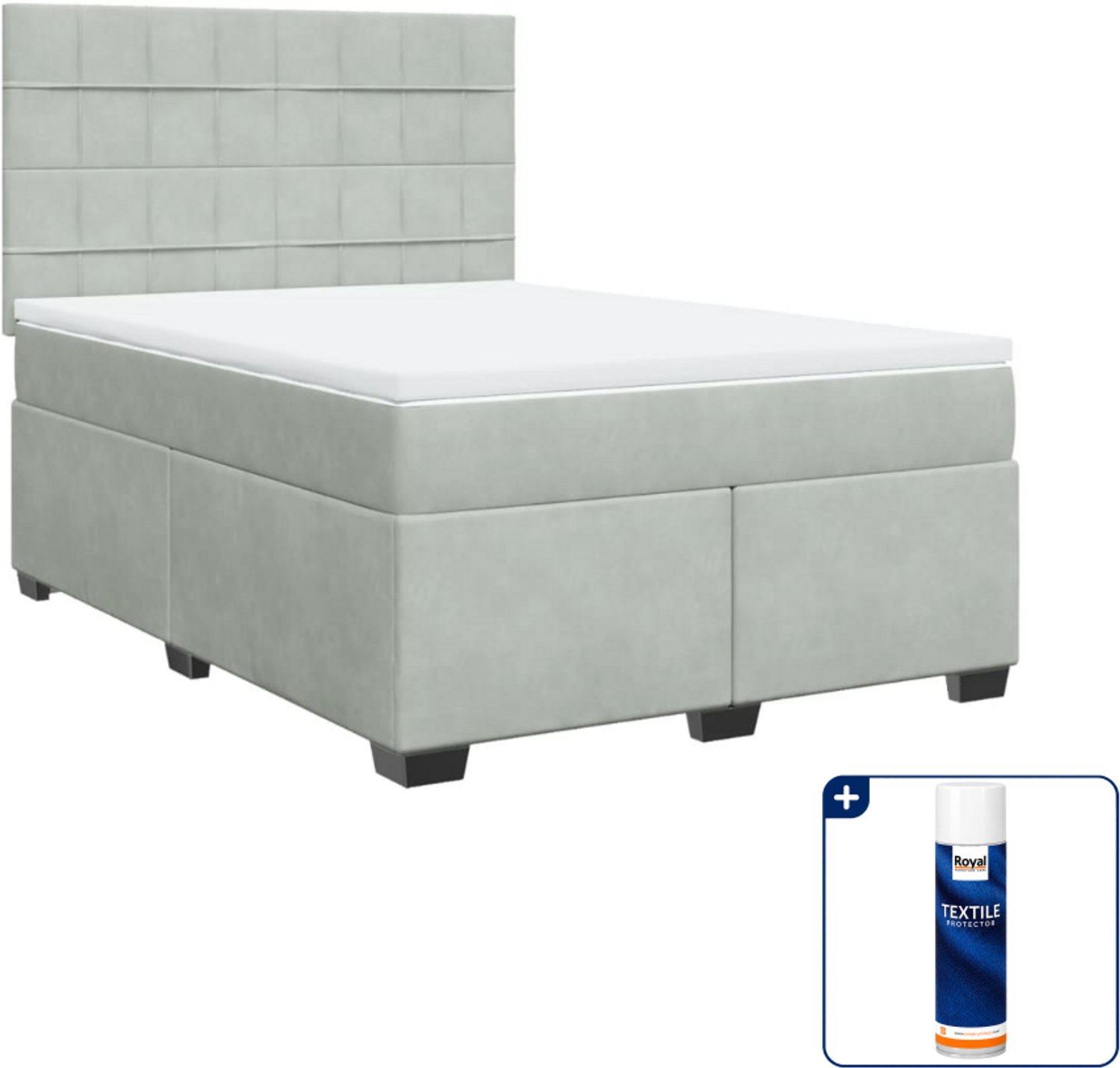 vidaXL Boxspring met matras - 140 x 190 cm - fluweel - lichtgrijs - Inclusief textielbeschermer 500 ml