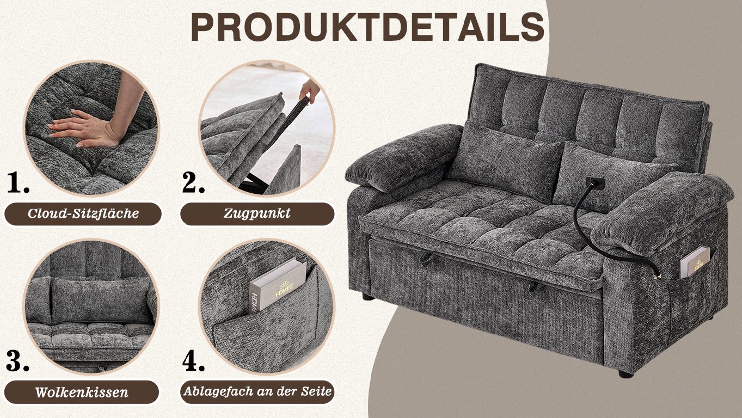 MODENUIT Slaapbank 142 cm - Verstelbare Rugleuning en Opbergruimte - Voor Woonkamer - Chenille - Grijs