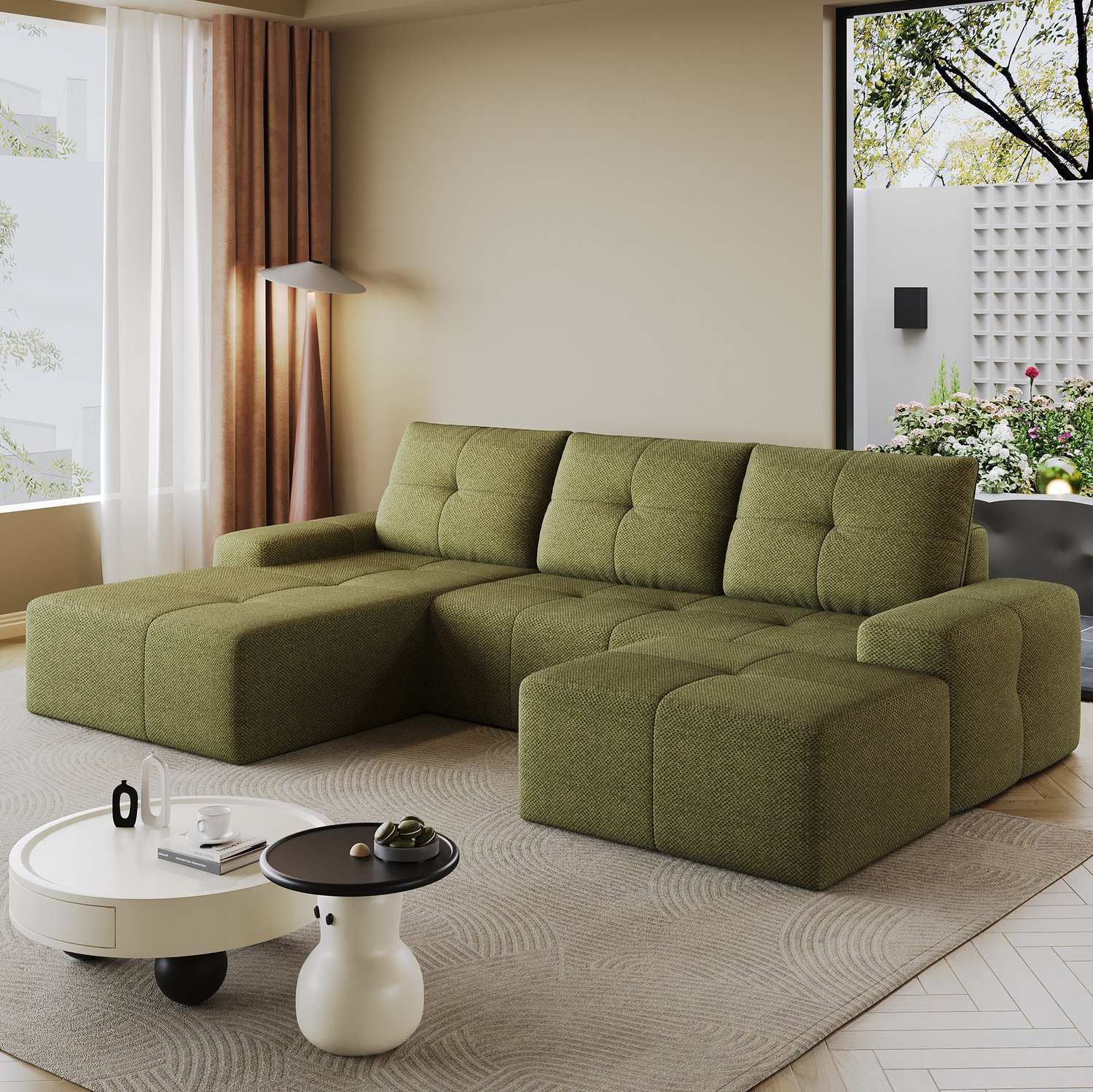 MODENUIT Hoekbank 262 x 172 x 82 cm - L-Vorm Met Hocker - Zachte Zitting - Woonkamer - Stof - Olijfgroen