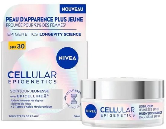 NIVEA Cellular Epigenetics dagcrème met SPF30 in een witte pot en verpakking met holografische details.