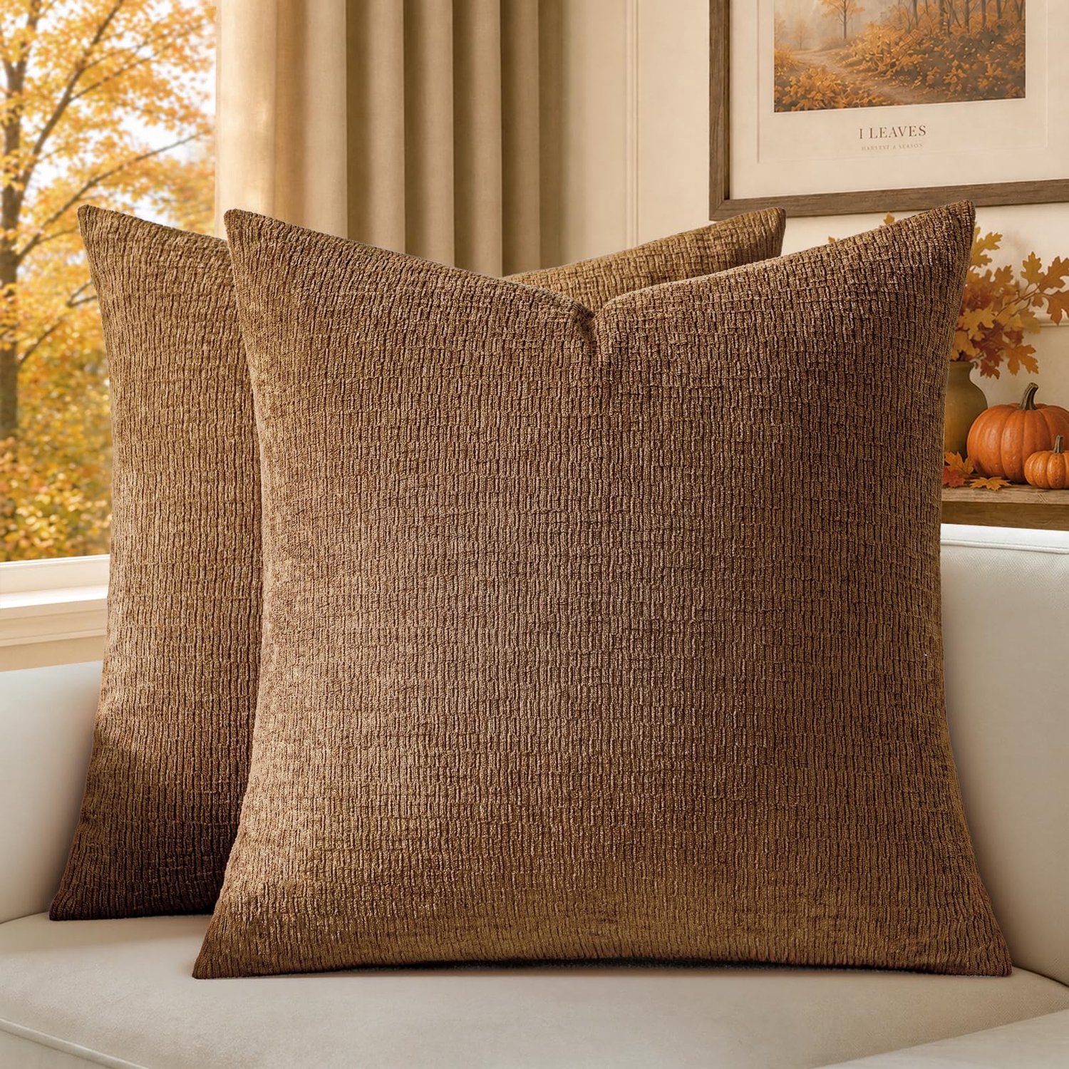 Famanu Chenille kussenhoezen set van 2 stuks, 50 x 50 cm in bruin met structuur, ideaal voor het verfrissen van je interieur in woonkamer of slaapkamer