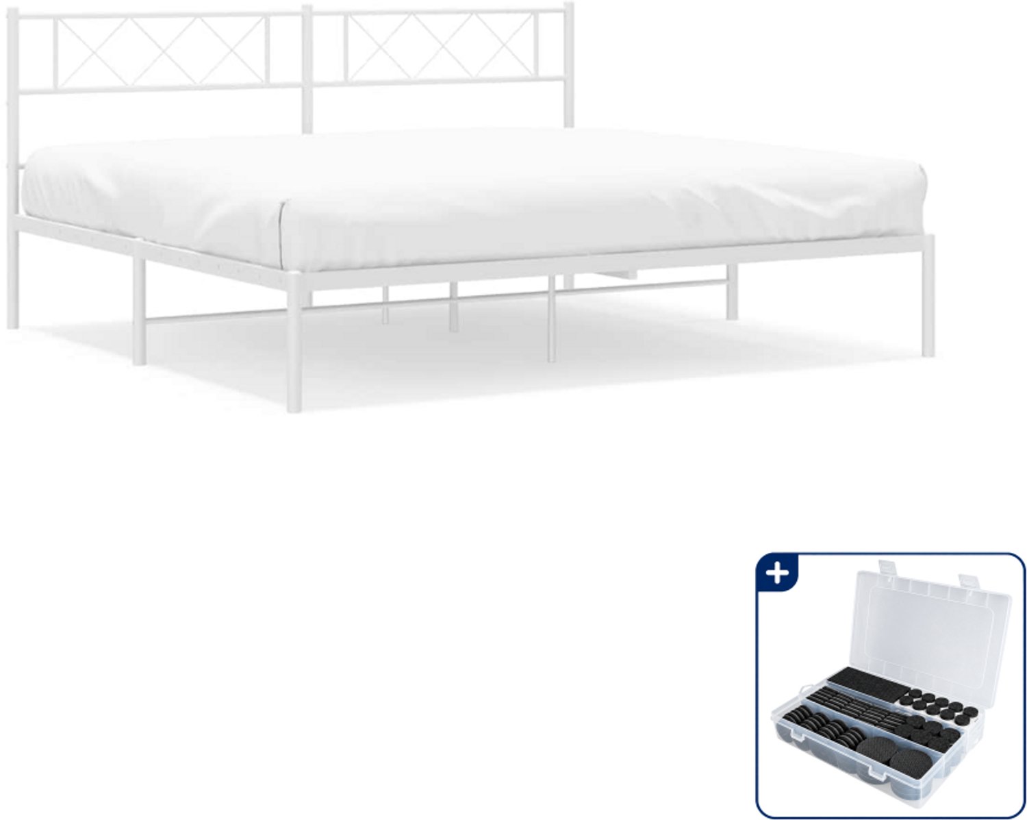 vidaXL bedframe met hoofdbord - 193 x 203 cm - staal - wit - Inclusief antikrasvilt 177-delig