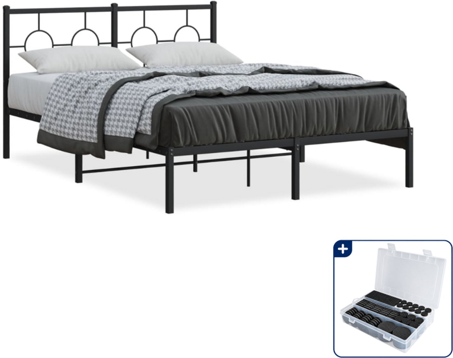 vidaXL bedframe met hoofdbord - Small double 140x200 cm - staal - zwart - Inclusief antikrasvilt 177-delig