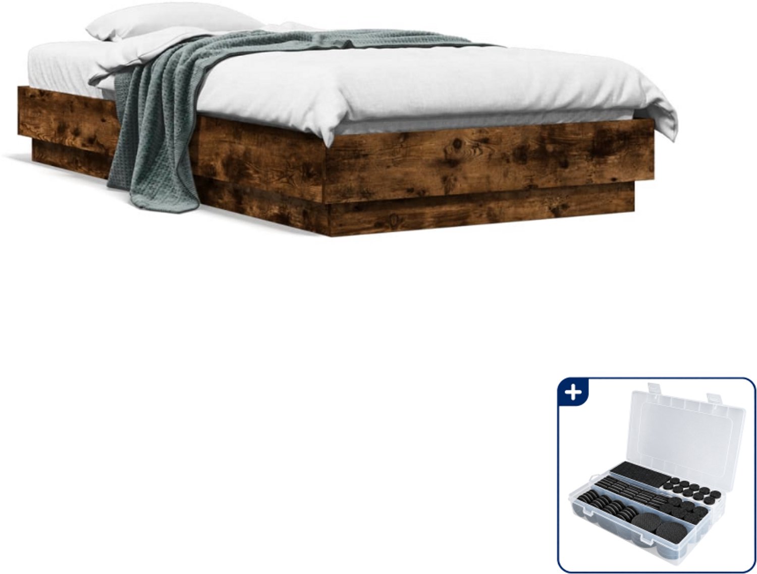 vidaXL bedframe - 75 x 190 cm - bewerkt hout - gerookt eiken - Inclusief antikrasvilt 177-delig Bruin