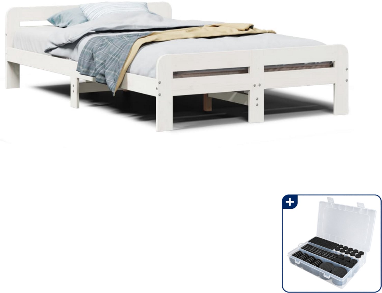 vidaXL bedframe 135 x 190 cm - massief grenenhout - wit - Inclusief antikrasvilt 177-delig