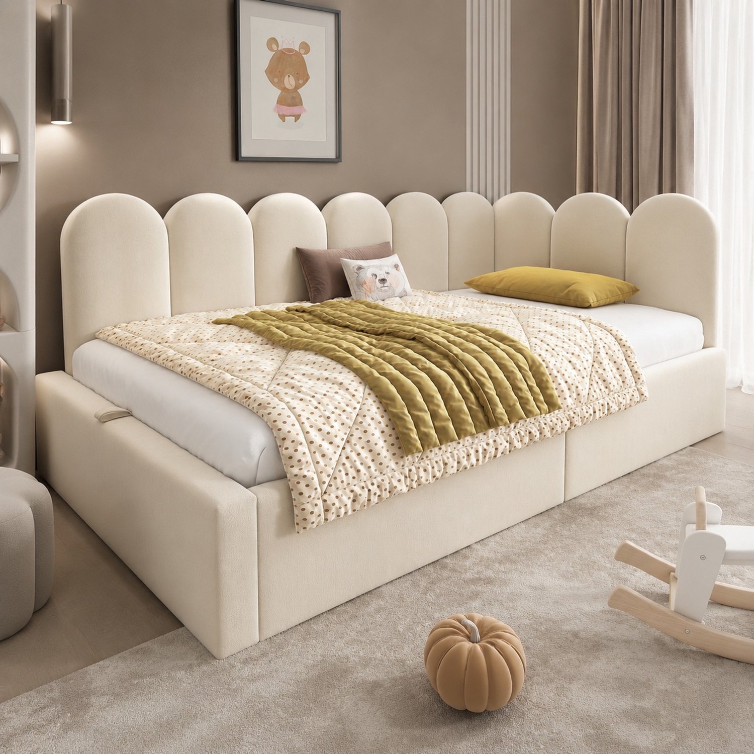 Maisentiel Gestoffeerd dagbed 90 x 190 cm met opbergruimte en lattenbodem - beige