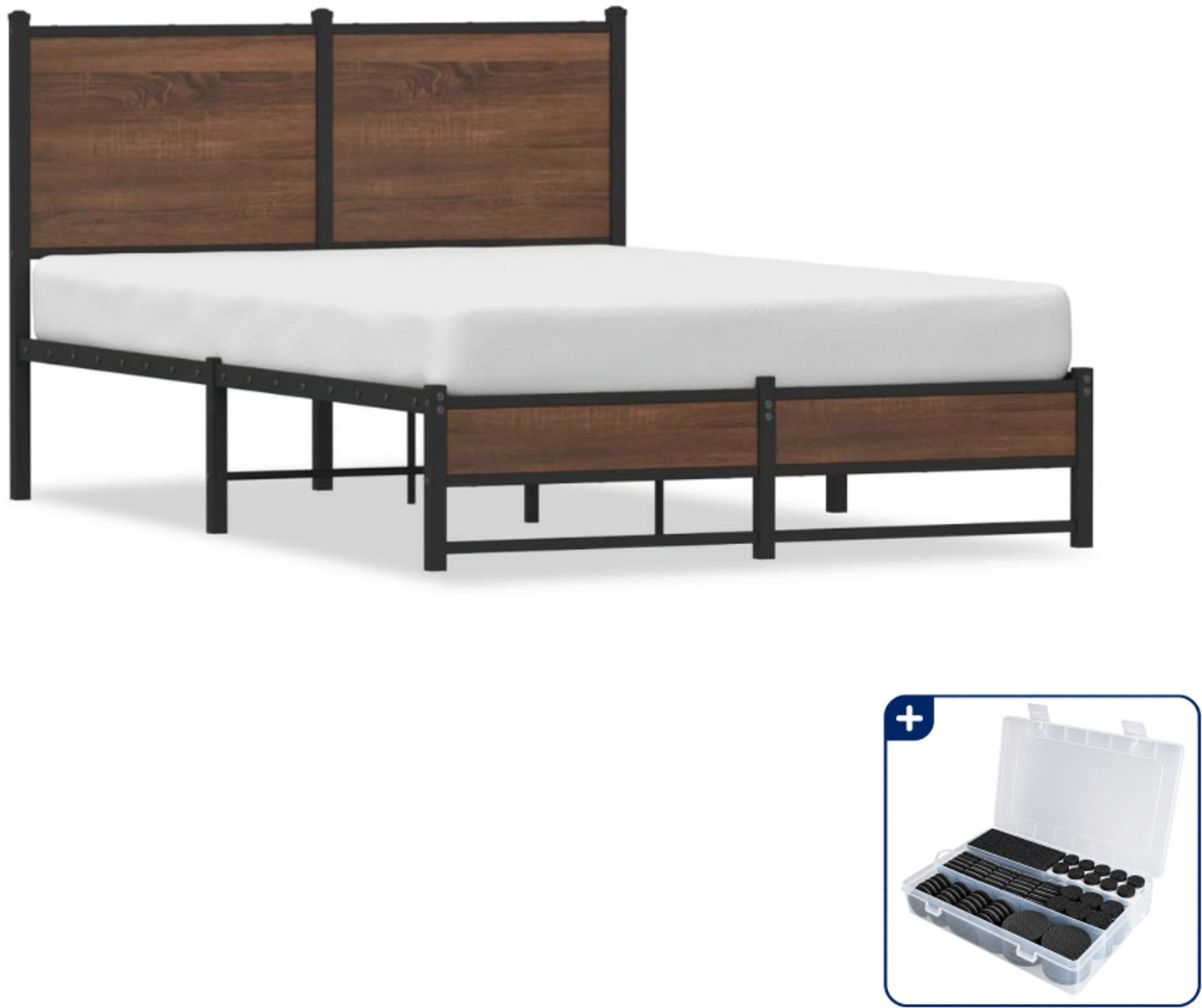 vidaXL bedframe - 120 x 200 cm - staal en bewerkt hout - bruineiken - Inclusief antikrasvilt 177-delig