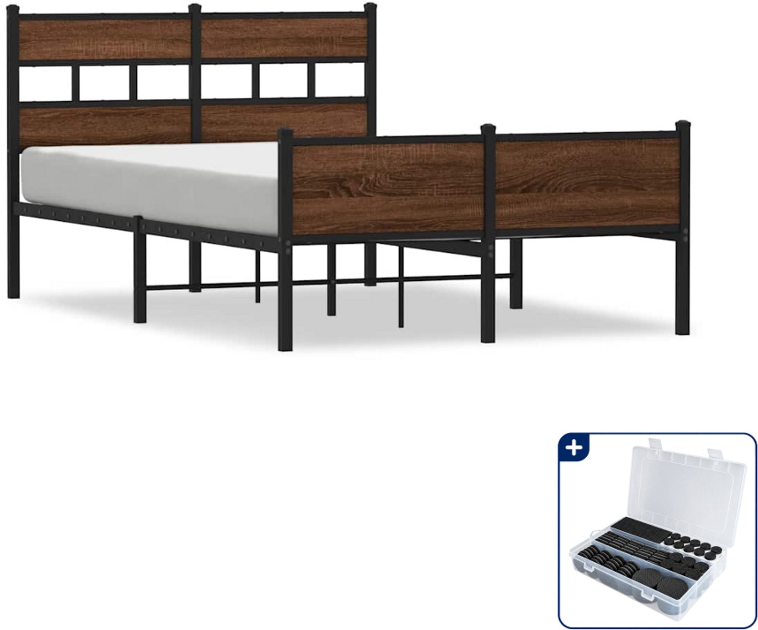 vidaXL bedframe - 120 x 200 cm - staal en bewerkt hout - bruineiken - Inclusief antikrasvilt 177-delig