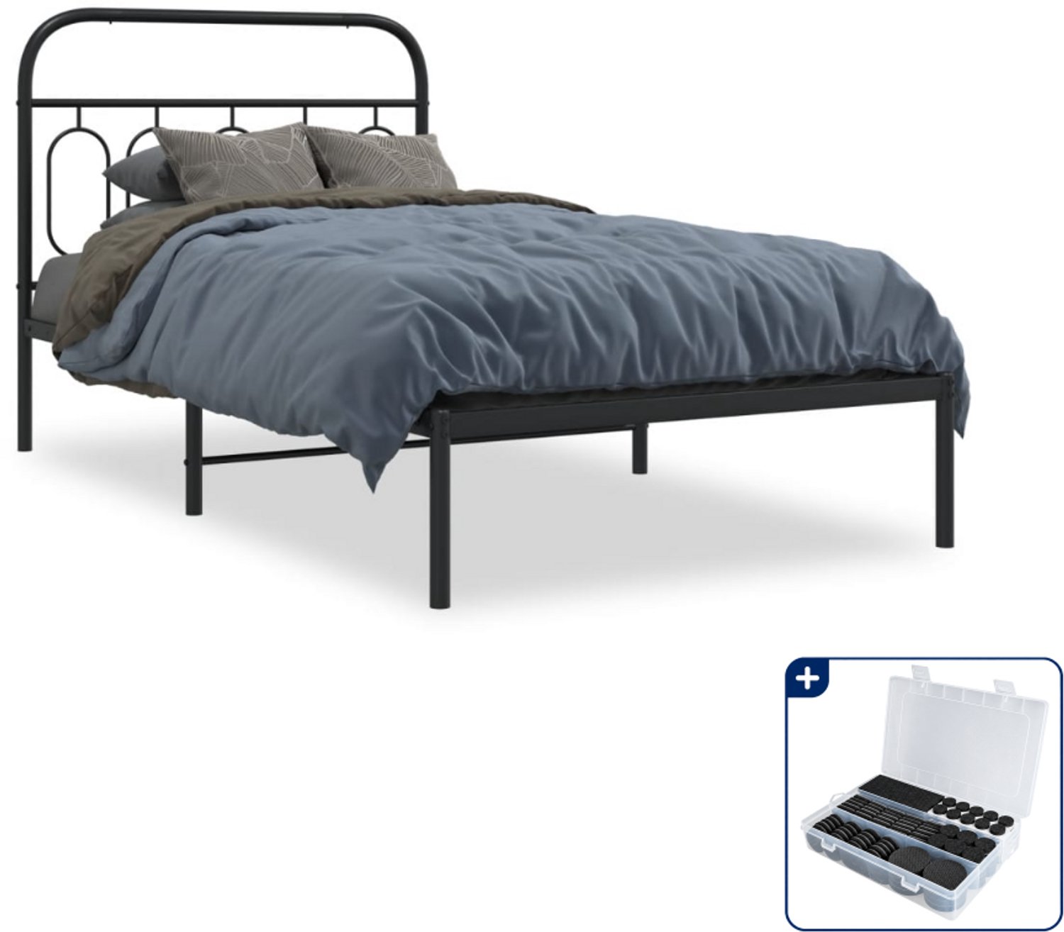 vidaXL bedframe met hoofdbord - 100 x 190 cm - staal - zwart - Inclusief antikrasvilt 177-delig