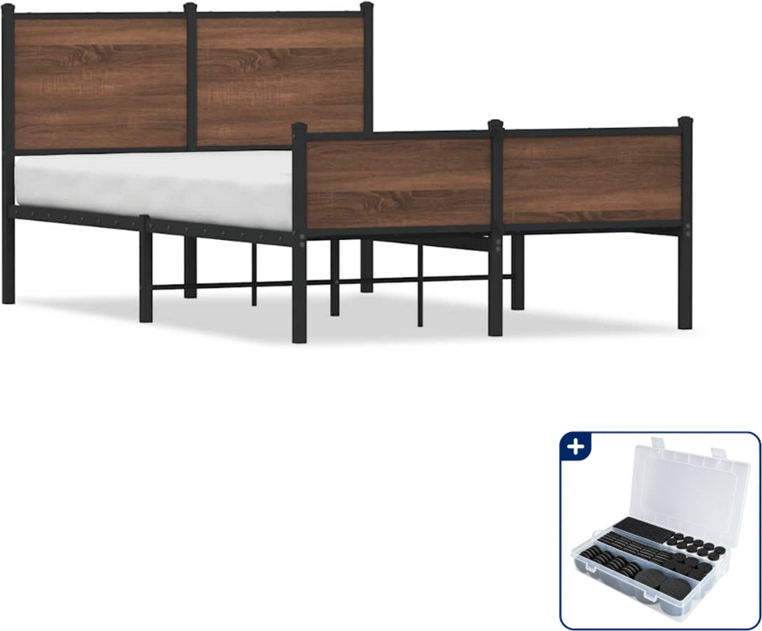 vidaXL bedframe - 120 x 190 cm - staal en bewerkt hout - bruineiken - Inclusief antikrasvilt 177-delig