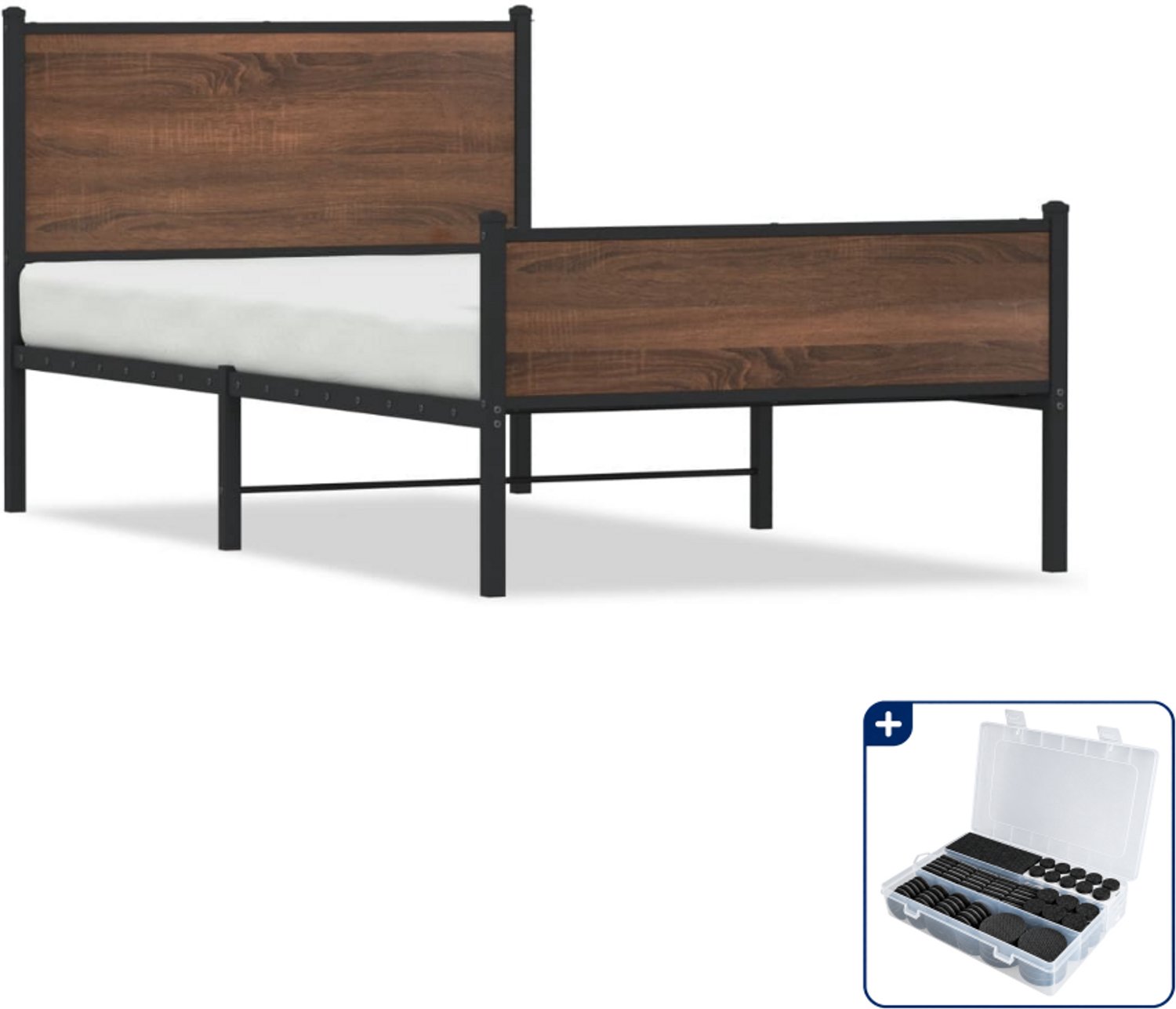 vidaXL bedframe - 100 x 190 cm - staal en bewerkt hout - bruineiken - Inclusief antikrasvilt 177-delig