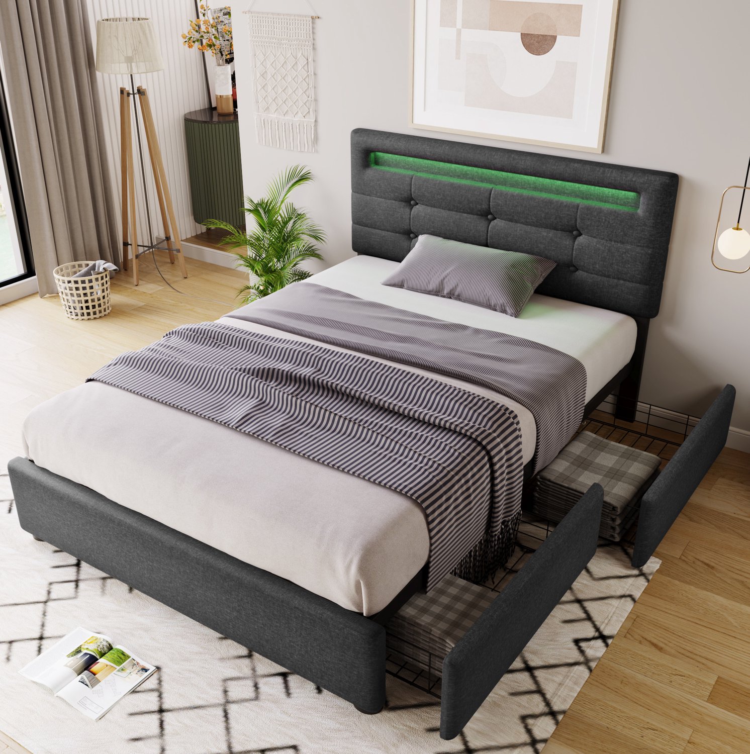 Maisentiel Eenpersoonsbed 90 x 200 cm met LED-verlichting, 2 lades en verstelbaar hoofdeinde - grijs