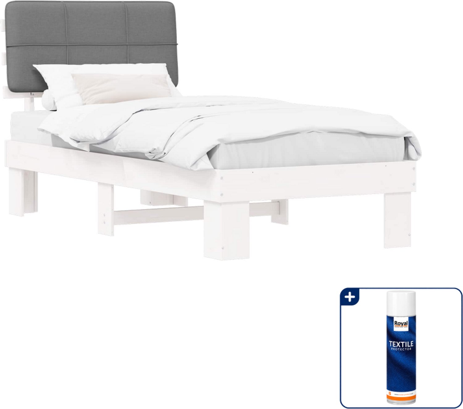 vidaXL bedframe - 90 x 190 cm - massief grenenhout - wit en lichtgrijs - Inclusief textielbeschermer 500 ml