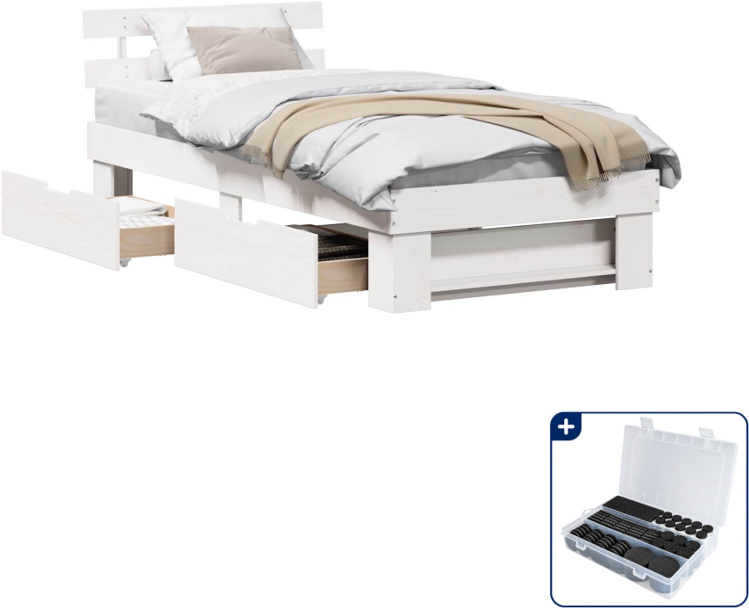 vidaXL Bedframe met hoofdeinde en lades - 80 x 200 cm - wit - Inclusief antikrasvilt 177-delig