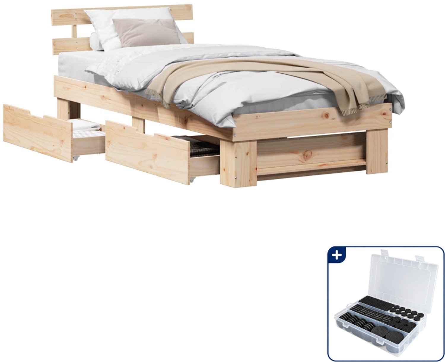 vidaXL Bedframe met hoofdeinde met lades - 100 x 200 cm - naturel - Inclusief antikrasvilt 177-delig Bruin