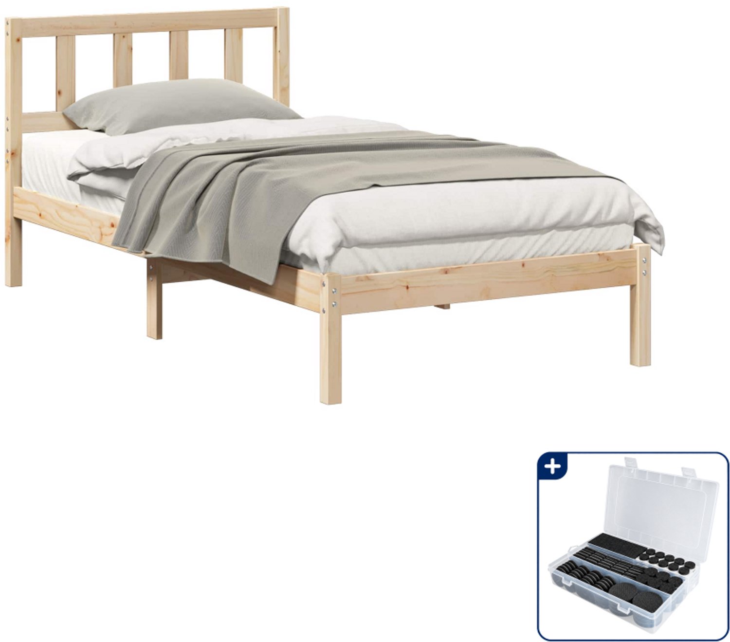 vidaXL Bedframe met hoofdeinde - 90 x 200 cm - massief grenenhout - bruin - Inclusief antikrasvilt 177-delig