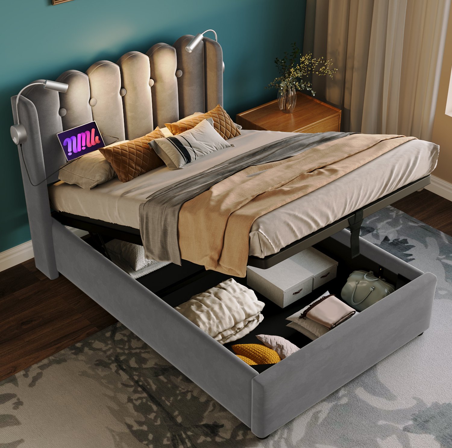 Maisentiel Eenpersoonsbed 90 x 200 cm met opbergruimte, leeslamp en USB - grijs fluweel