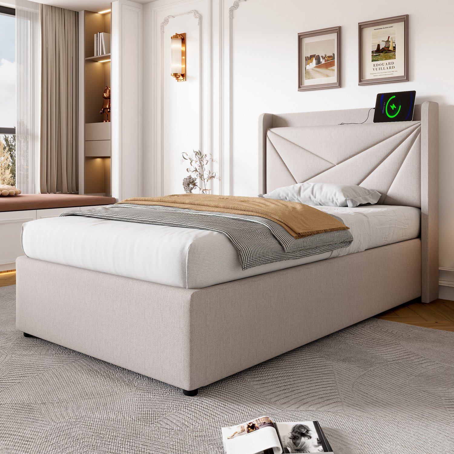 Maisentiel Beige eenpersoonsbed 90 x 200 cm met opbergruimte, lattenbodem en USB-C